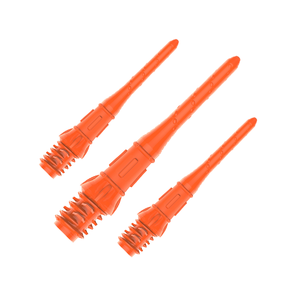 Das Bild zeigt drei orangefarbene Dartspitzen mit Gewinde. Sie sind in einer Reihe auf einem transparenten Hintergrund angeordnet.