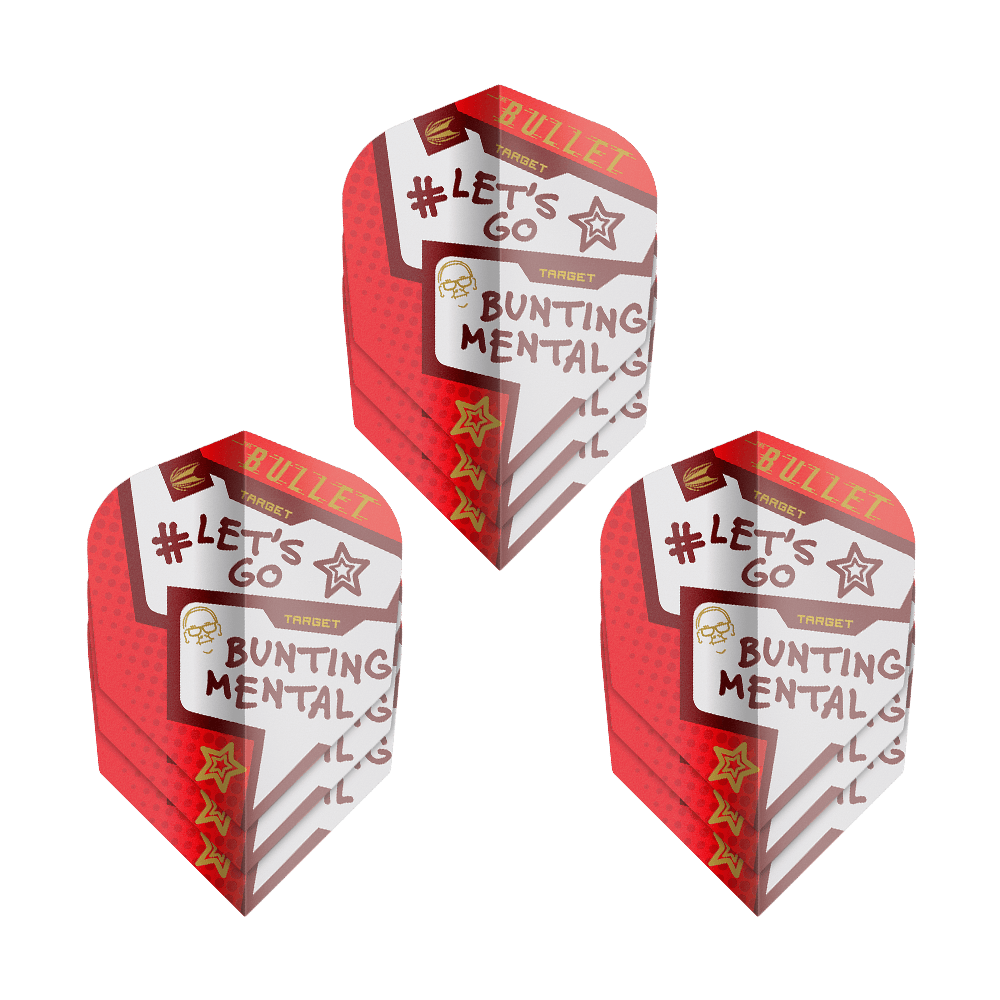Target Pro Ultra Stephen Bunting Mental No6 Vluchten - 3 Sets Das Bild zeigt drei Sets der "Target Pro Ultra Stephen Bunting Mental No6 Flights" für Darts. Die Flights sind rot-weiß gestaltet und tragen Aufschriften wie "#LET'S GO" und "BUNTING MENTAL."
