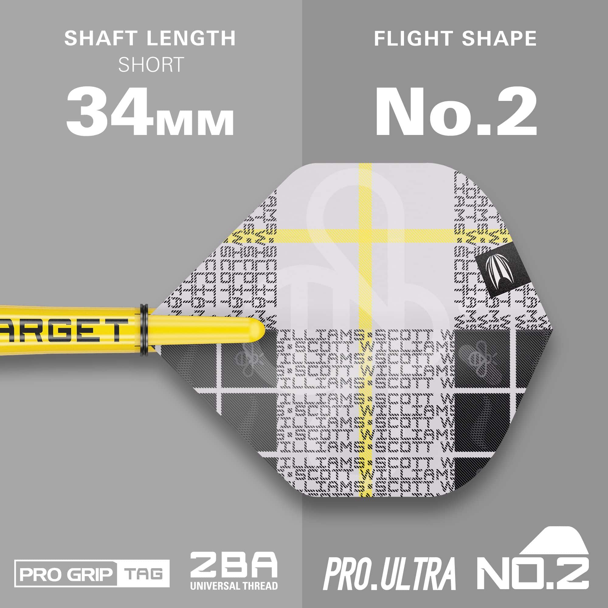 Target Scott Williams GEN2 zachte darts - 18g Das Bild zeigt das Produkt "Target Scott Williams GEN2 Softdarts - 18g" mit einem kurzen Schaft von 34 mm. Die Flight-Form ist No. 2 und das Design ist in Gelb, Weiß und Schwarz gehalten.