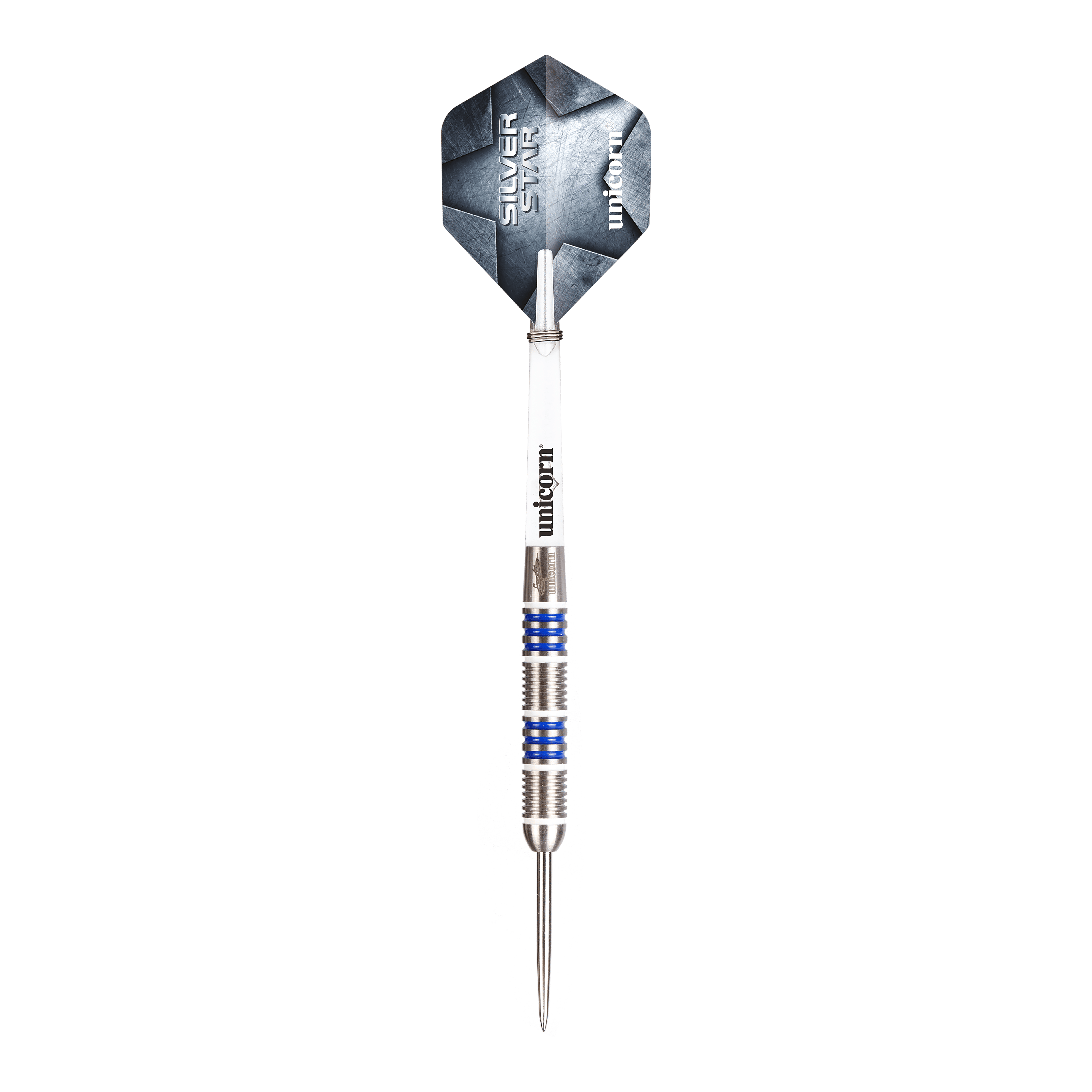 Dieses Bild zeigt Unicorn Silver Star Var.4 Gary Anderson Steeldarts. Die Darts liegen nebeneinander auf einer weißen Fläche.