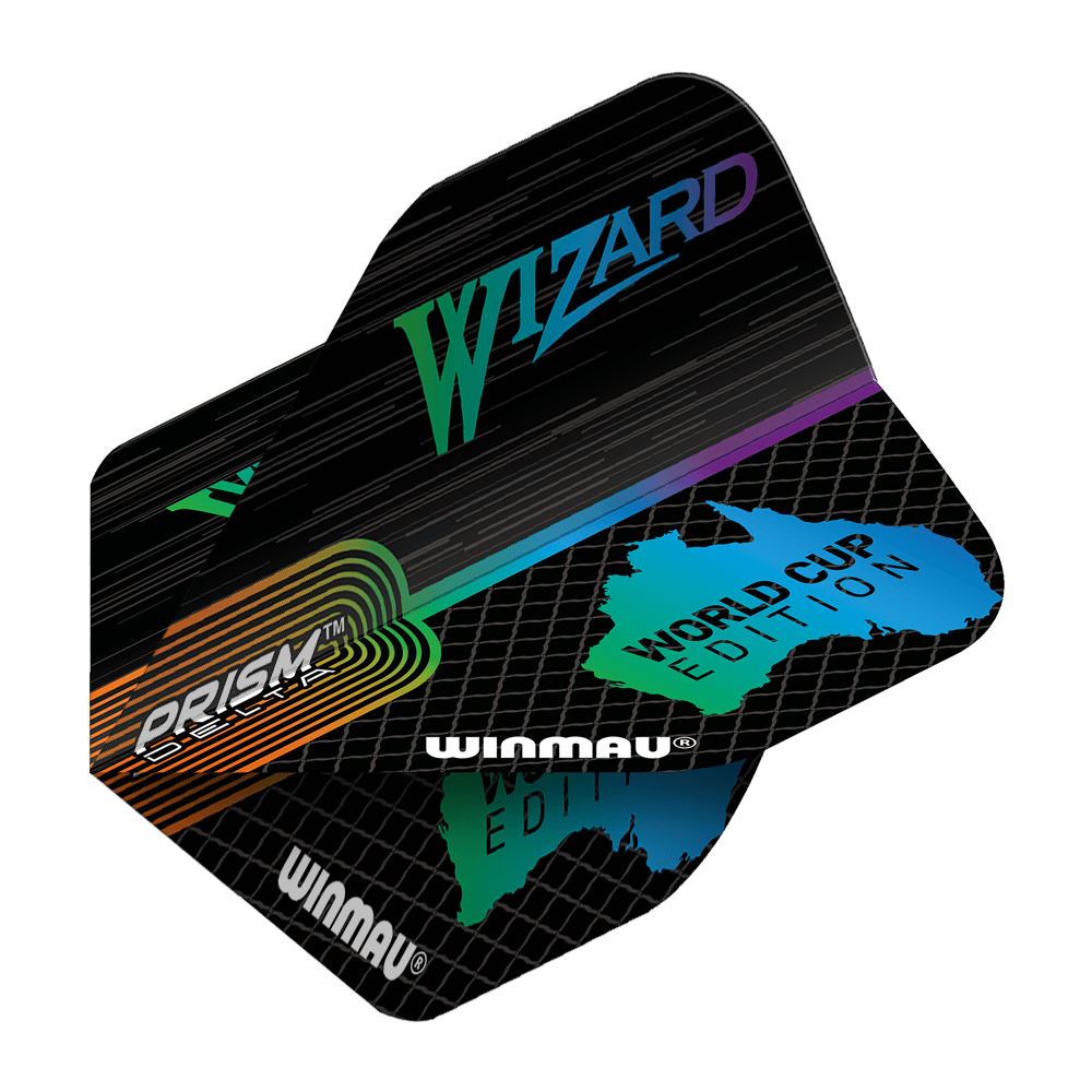 6915-237_Winmau_Simon_Whitlock_World_Cup_Special_Edition_Standard_Flights_2OnLFGaVg8RZj8 Das Bild zeigt die Winmau Simon Whitlock World Cup Special Edition Standard Flights. Die Flights sind schwarz mit bunten Akzenten und der Aufschrift "WIZARD" sowie "WORLD CUP EDITION".
