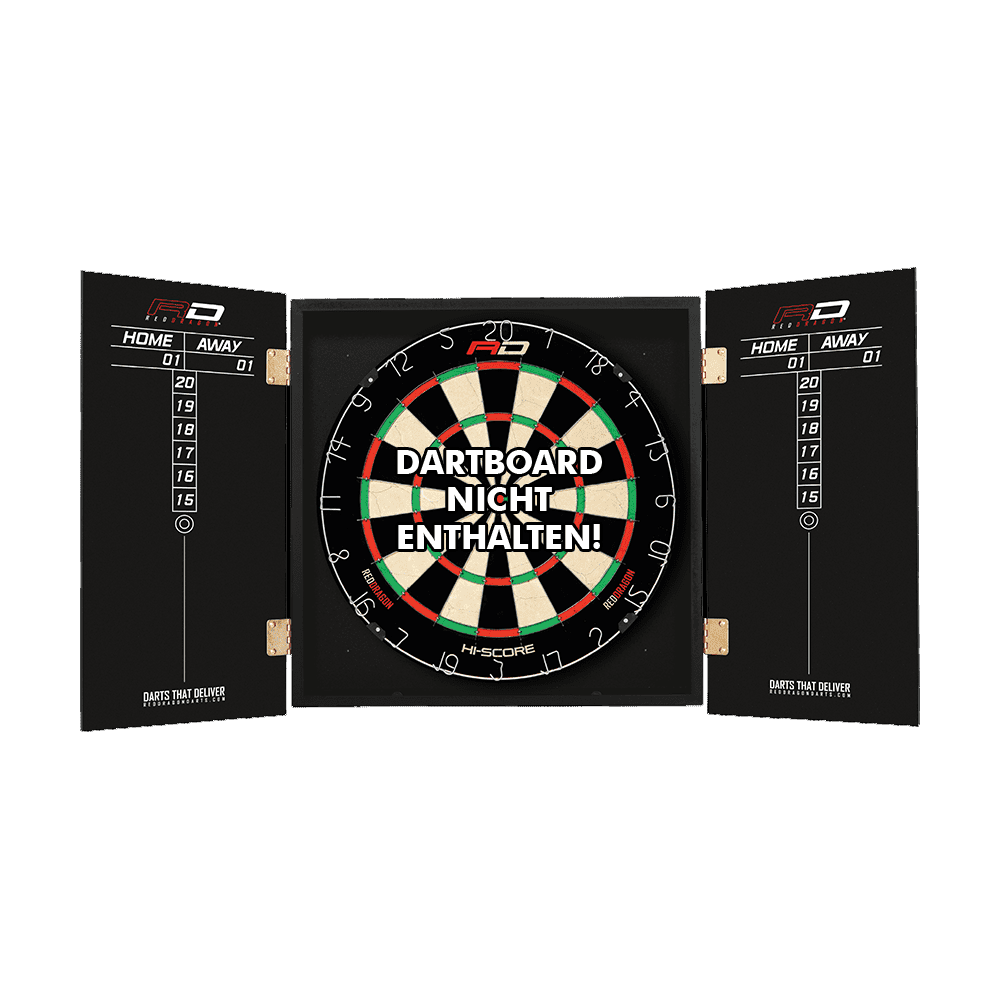 Z0169_Red_Dragon_Peter_Wright_Dartboard_Cabinet_3rSV1cY93jKX5f Das Bild zeigt das "Red Dragon Peter Wright Dartboard Kabinet" mit geöffneten Türen und einem Dartboard im Inneren. Auf dem Dartboard steht in großen Buchstaben: "DARTBOARD NICHT ENTHALTEN!"