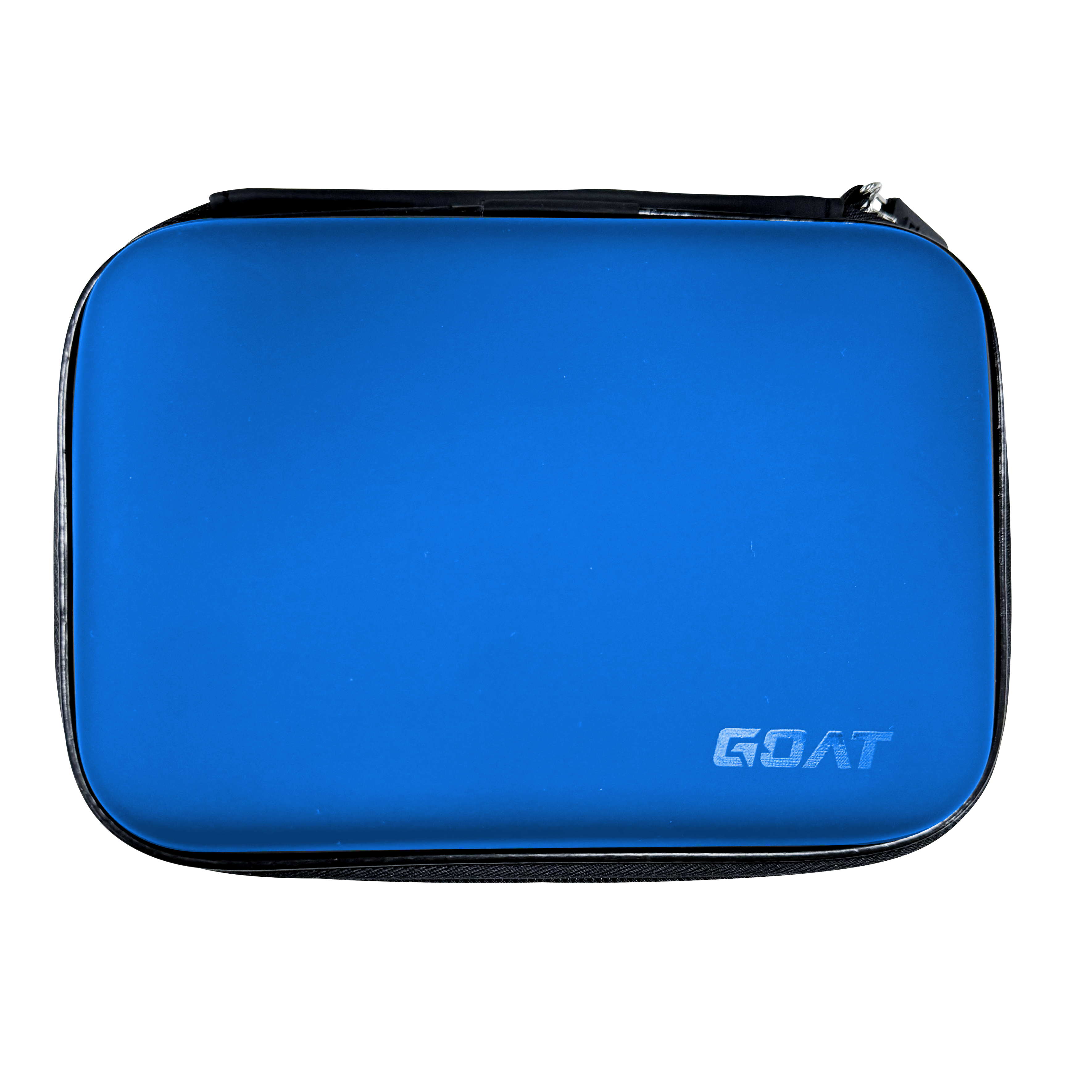 Das Bild zeigt ein rechteckiges, blaues Etui mit Reißverschluss. In der unteren rechten Ecke steht das Wort "GOAT".