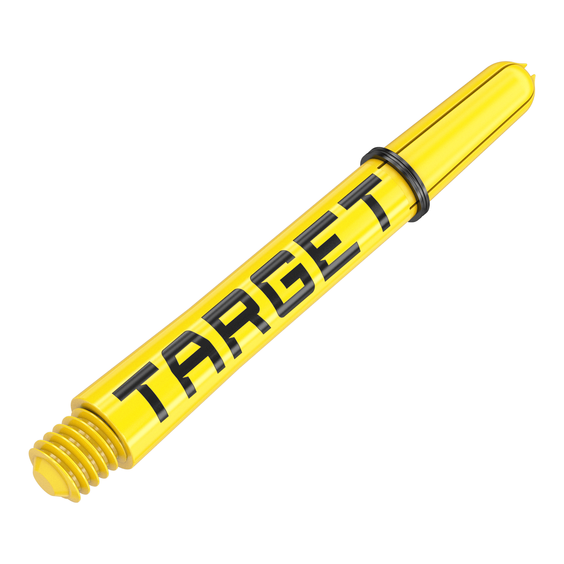 Target Pro Grip TAG Shafts - 3 sets - Geel Dies ist ein gelber Dart-Schaft mit dem Schriftzug "TARGET". Der Schaft hat ein schwarzes Gummiband und ein Schraubgewinde am Ende.