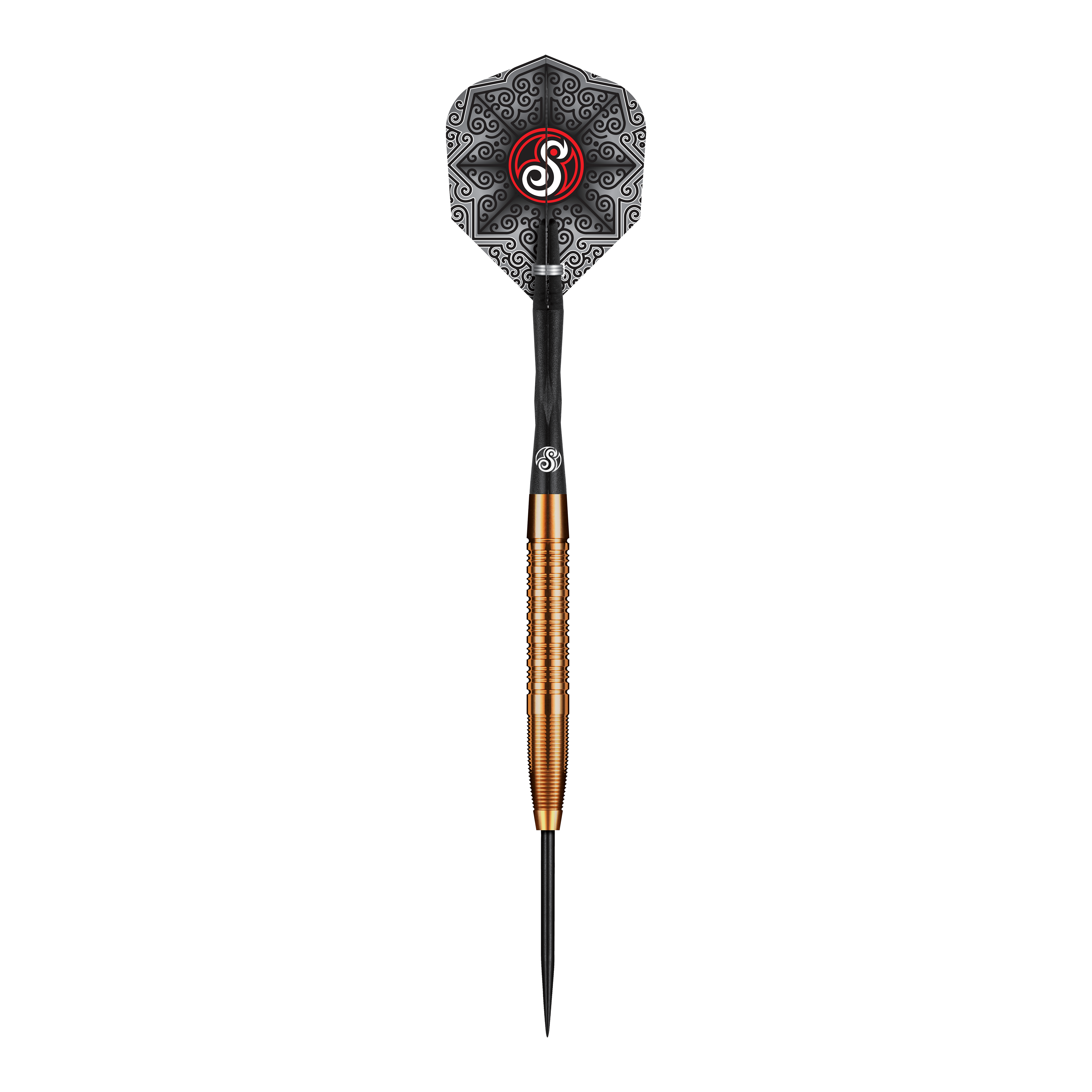 Das Bild zeigt den Shot Pro Series Jake Womack Steeldart mit einem Gewicht von 23 Gramm. Der Dart hat ein auffälliges schwarzes Flight-Design und einen goldfarbenen, gerillten Barrel.