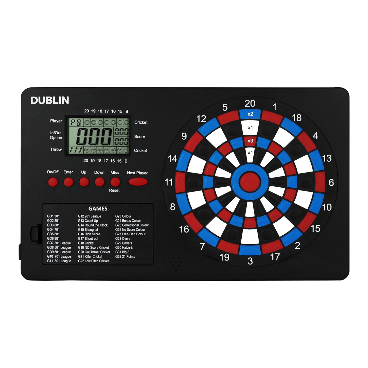 XQMax Dublin Dartteller Das Bild zeigt den "XQMax Dublin Dart Counter", ein elektronisches Dartspiel mit eingebautem Punktezähler. Links befindet sich ein digitales Display und Tasten zur Spielsteuerung, rechts das bunte Dartboard mit verschiedenen Zahlenfeldern.