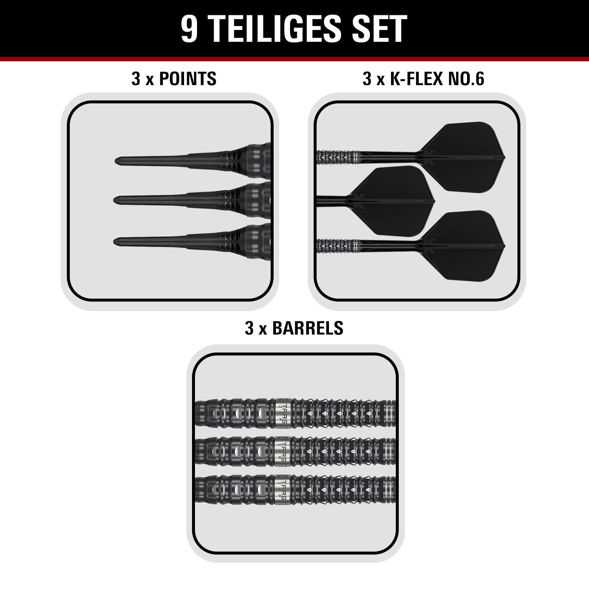 Target Black Marque Eclipse Softdarts mit 21g-Gewicht werden dargestellt. Das Produkt zeichnet sich durch ein elegantes schwarzes Design aus.