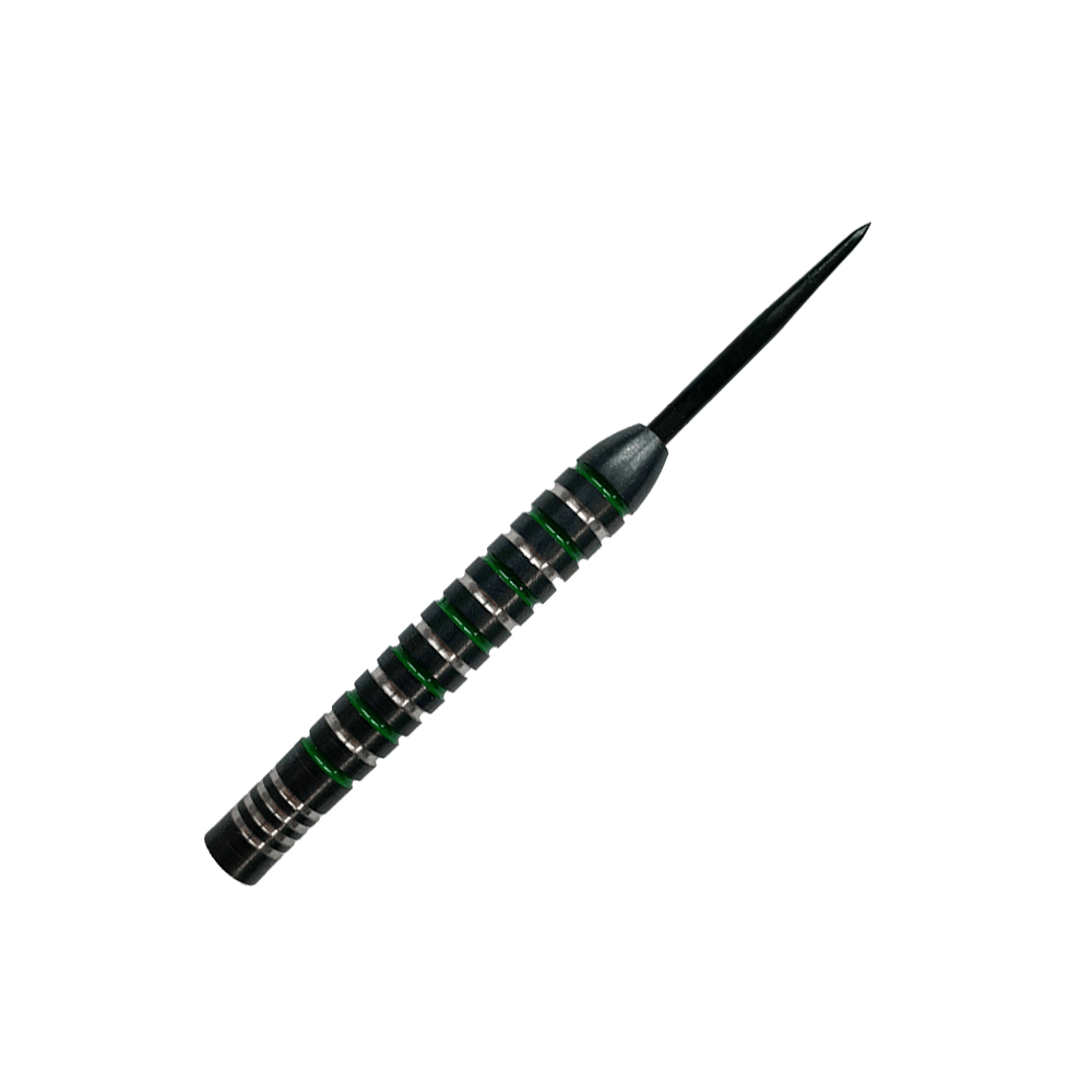 McDart Silver Green Steeldart-vaten Das Bild zeigt einen McDart Silver Green Steeldart Barrel. Der Dart hat silberne und grüne Rillen und eine schwarze Spitze.