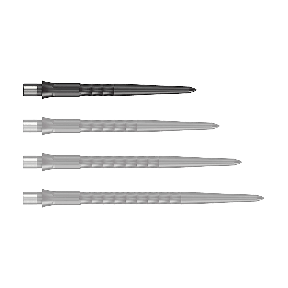 Caliburn System Steeldart Tips - Ripple - NoLip - Zwart Abgebildet ist eine schwarze Steeldartspitze mit Ripple NoLip Design, 28 mm lang. Das Produkt gehört zum Caliburn Evo System.