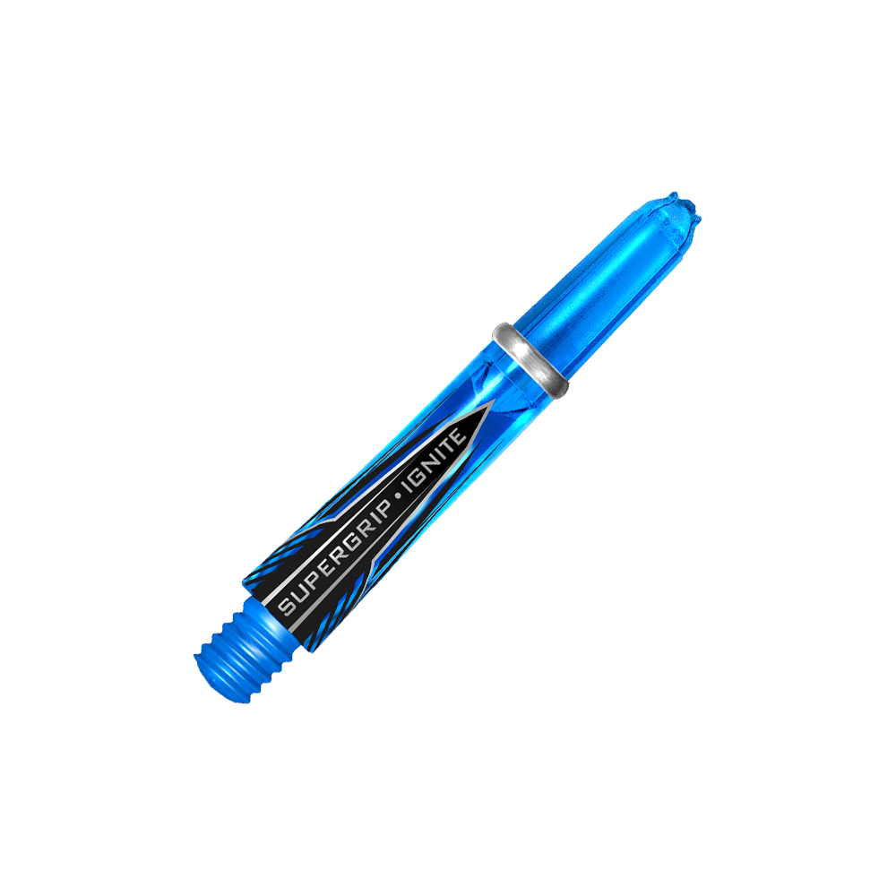Das Bild zeigt das Produkt "Harrows Supergrip Ignite Shafts - Aqua". Es ist ein blauer, transparenter Dartshaft mit schwarzem Schriftzug und silbernem Ring.