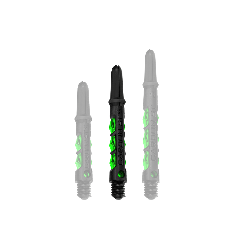 HR423_Harrows_Carbon_ST_Shafts_Gr-n_40mm_1 Harrows Carbon ST Shafts im Set abgebildet. Die Oberfläche erscheint glatt und robust.
