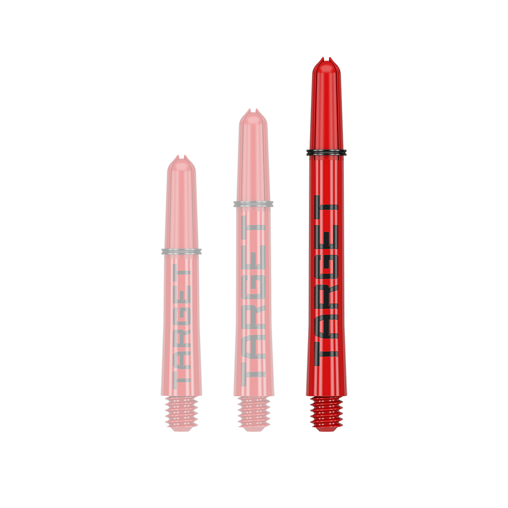 Target Pro Grip TAG Shafts - 3 sets - Rood Auf dem Bild sind drei rote Dart-Schäfte in unterschiedlichen Längen zu sehen. Auf jedem Schaft steht das Wort "TARGET" in schwarzen Buchstaben.