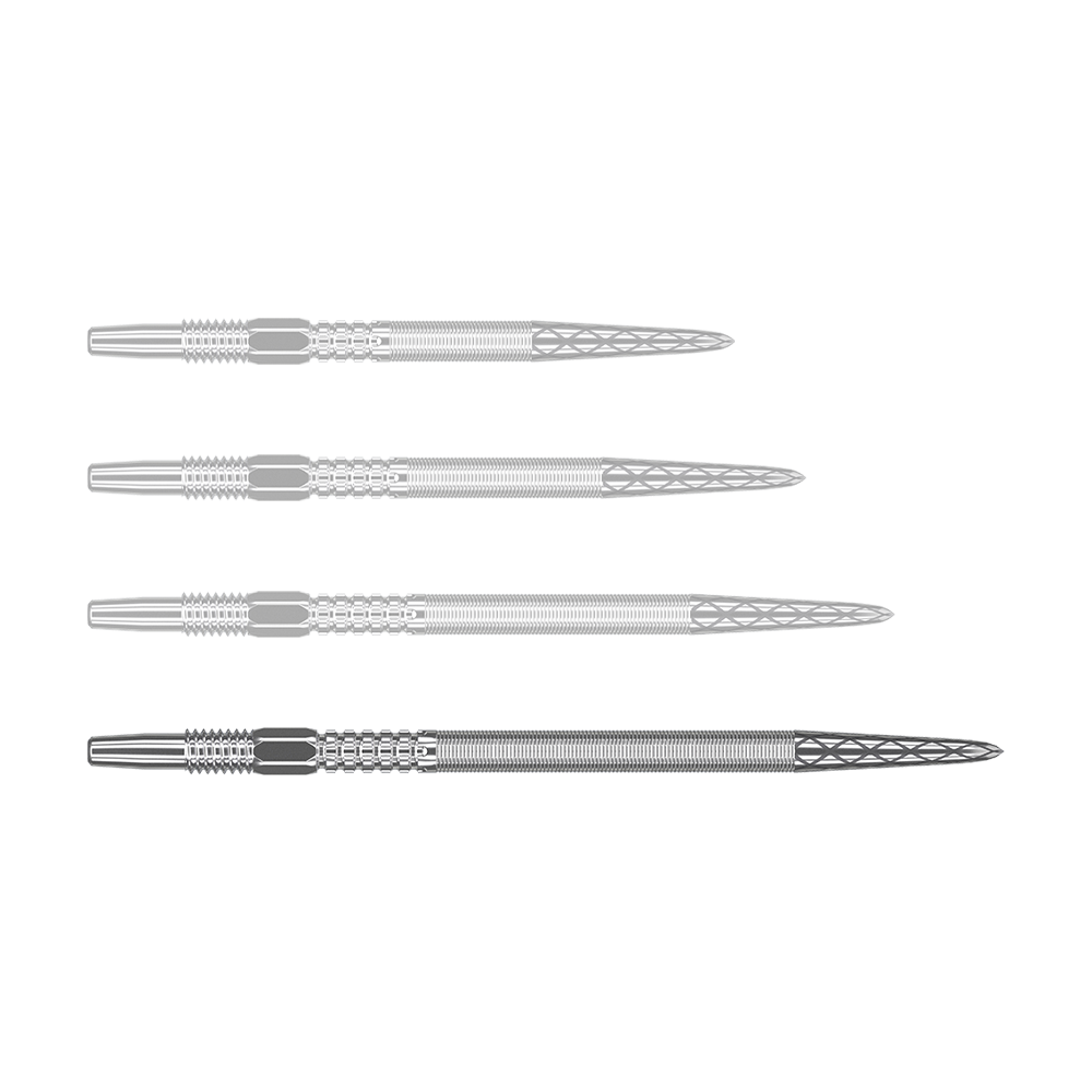Target Swiss Point DX darttips - Zilver Auf dem Bild sind vier silberne Dartspitzen in einer Reihe zu sehen. Die Spitzen haben ein geriffeltes Muster und eine spitz zulaufende Form.