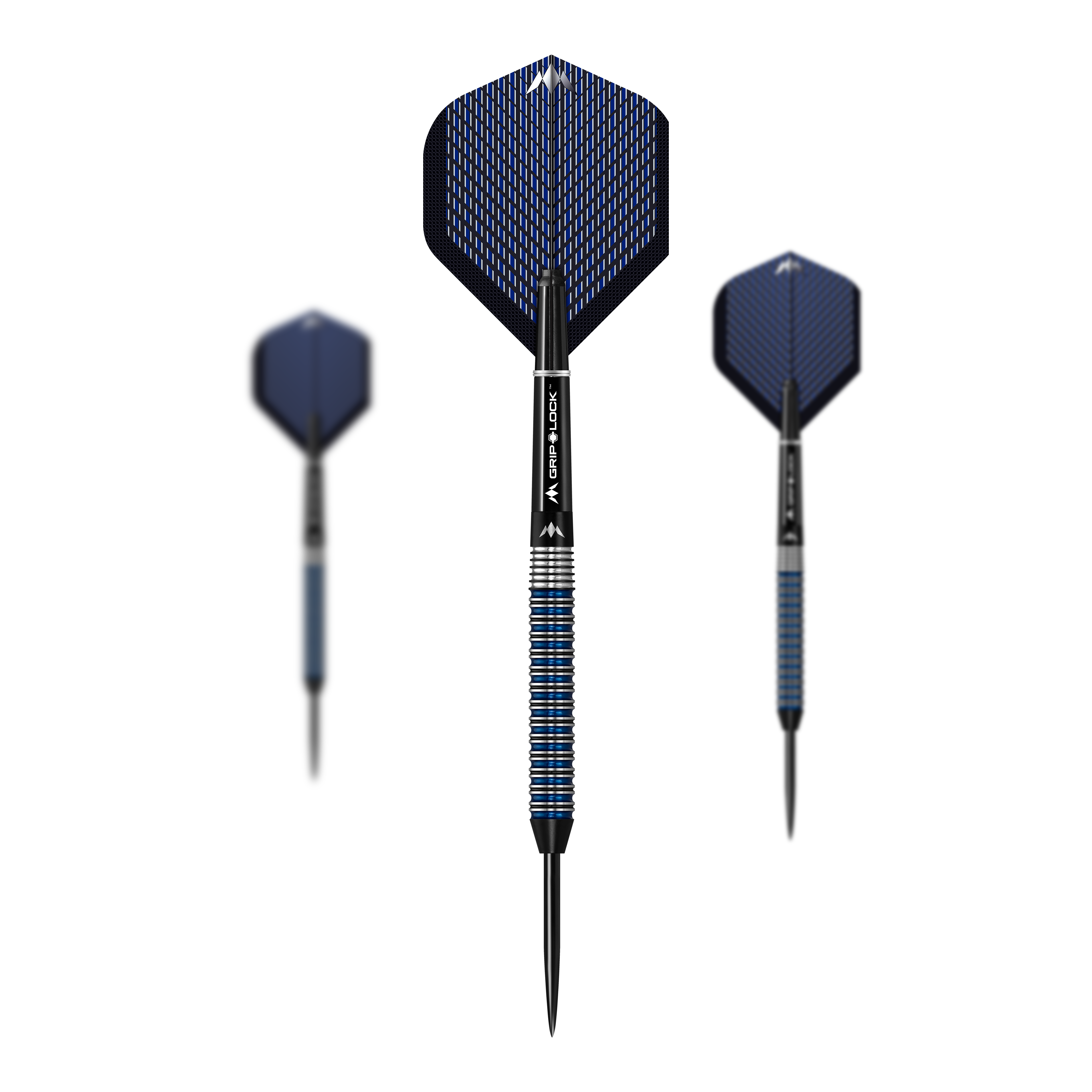 Mission Nightfall Model 2 stalen darts Das Bild zeigt drei Steeldarts des Modells "Mission Nightfall Model 2". Die Pfeile haben schwarze Spitzen, silber-blaue Griffe und dunkelblaue Flights mit Muster.