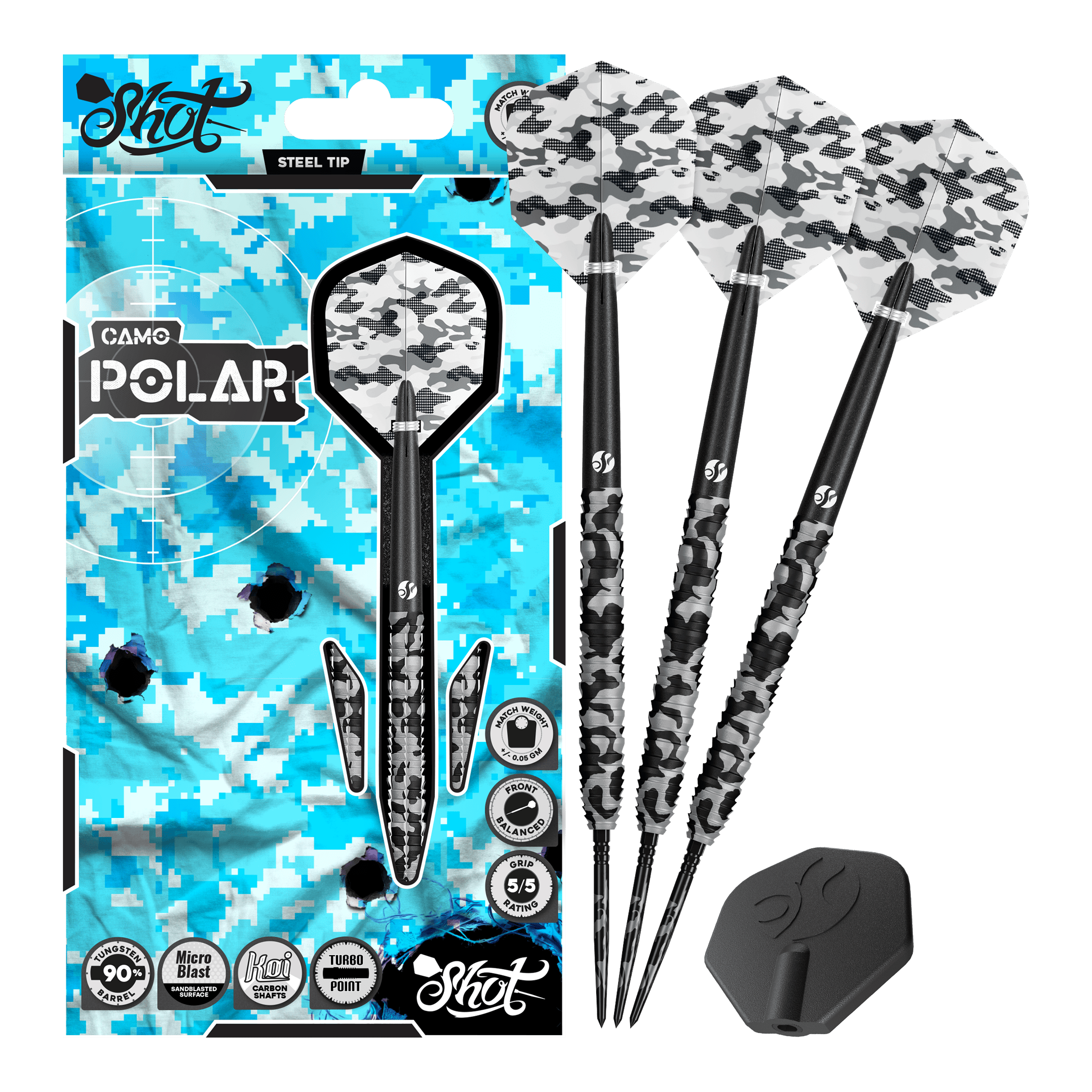 Shot Camo Polar Turbo Point Steeldarts sind Dartpfeile im Tarnmuster. Sie liegen nebeneinander auf hellem Hintergrund.