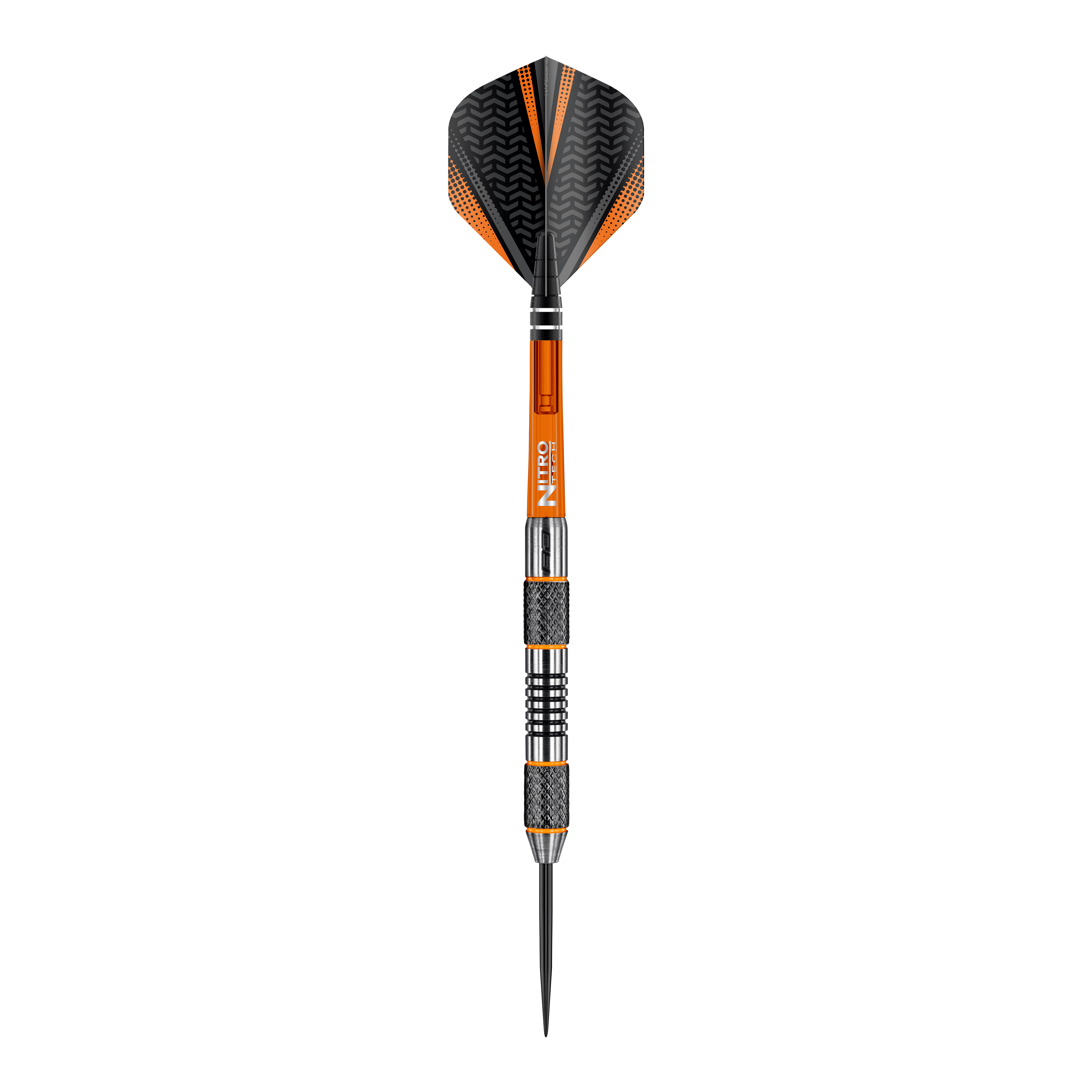 Red Dragon Amberjack 5 stalen darts - 24g Dies ist ein Steeldart der Marke Red Dragon, Modell Amberjack 5 mit einem Gewicht von 24 Gramm. Der Dart hat ein schwarzes und orangefarbenes Design mit metallischen und geriffelten Griffbereichen.