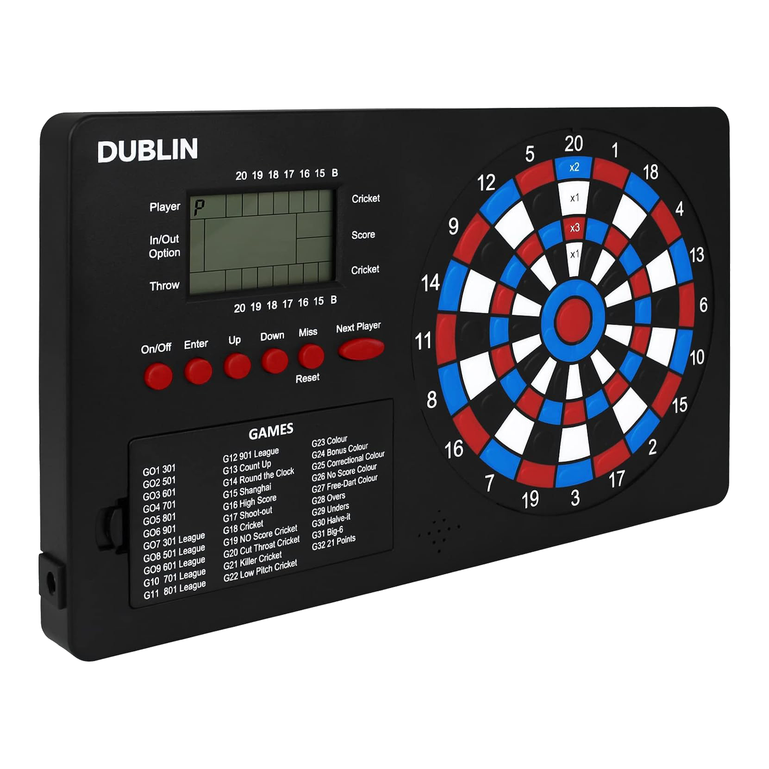 XQMax Dublin Dartteller Das Bild zeigt den "XQMax Dublin Dart Counter", ein elektronisches Dartboard mit digitalem Display. Auf dem Gerät befinden sich zahlreiche Tasten zur Bedienung und eine Übersicht verschiedener Dartspiele.