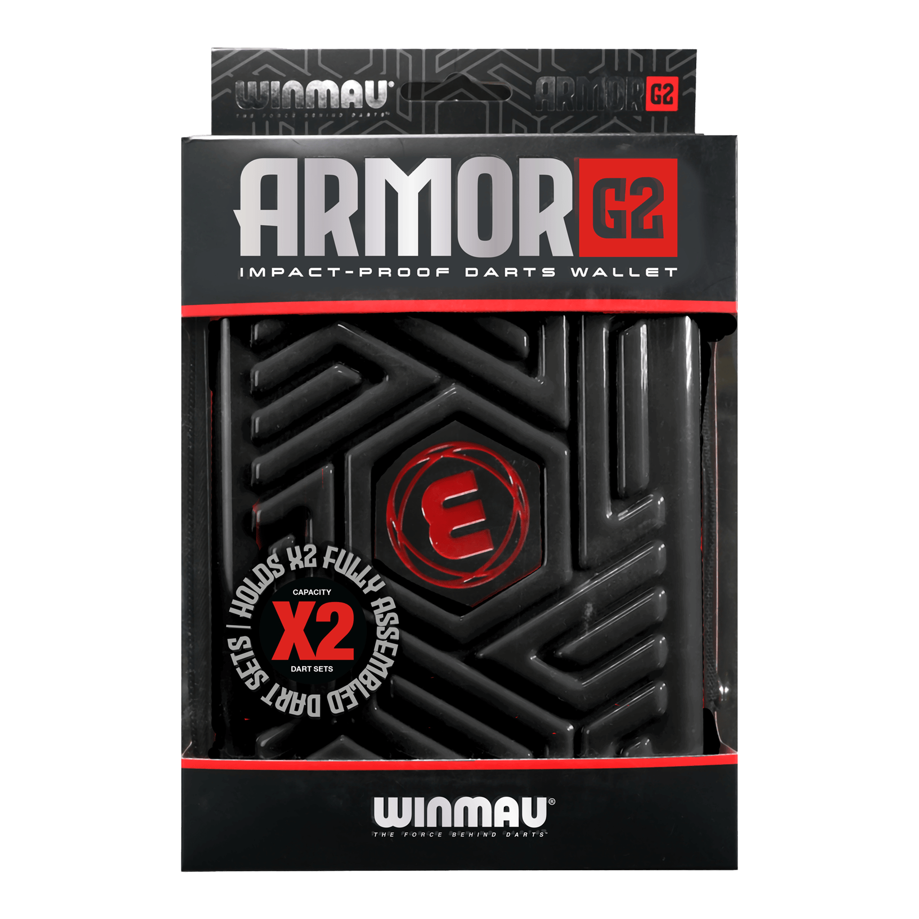 Winmau Armor G2 Dart-portemonnee Dies ist eine schwarze, stoßfeste Darttasche der Marke Winmau namens "Armor G2". Sie bietet Platz für zwei komplett montierte Dart-Sets.
