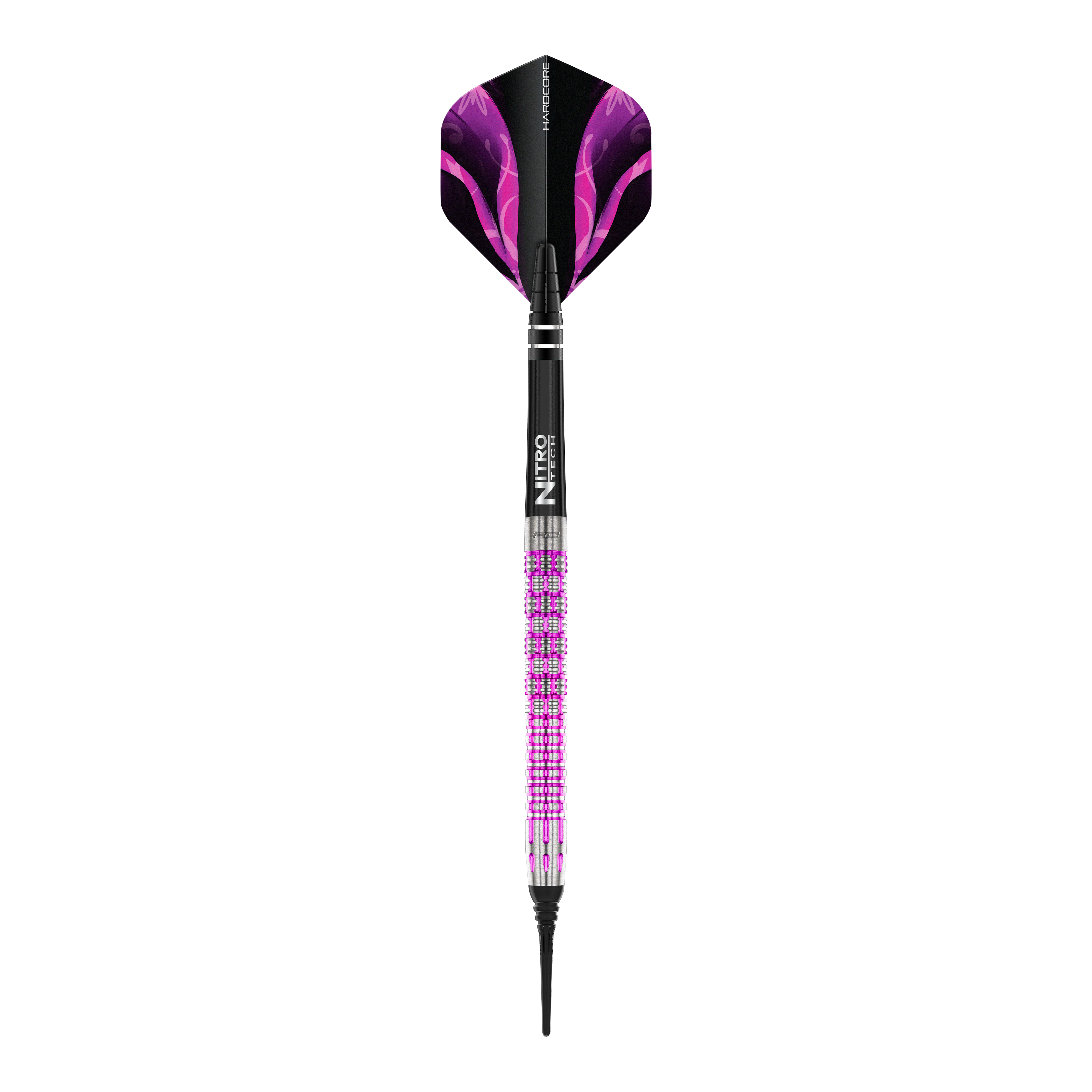 Auf dem Bild ist der Red Dragon Tyrian Softdart mit einem Gewicht von 22g zu sehen. Der Dart hat ein auffälliges Design mit lila und pinken Akzenten.