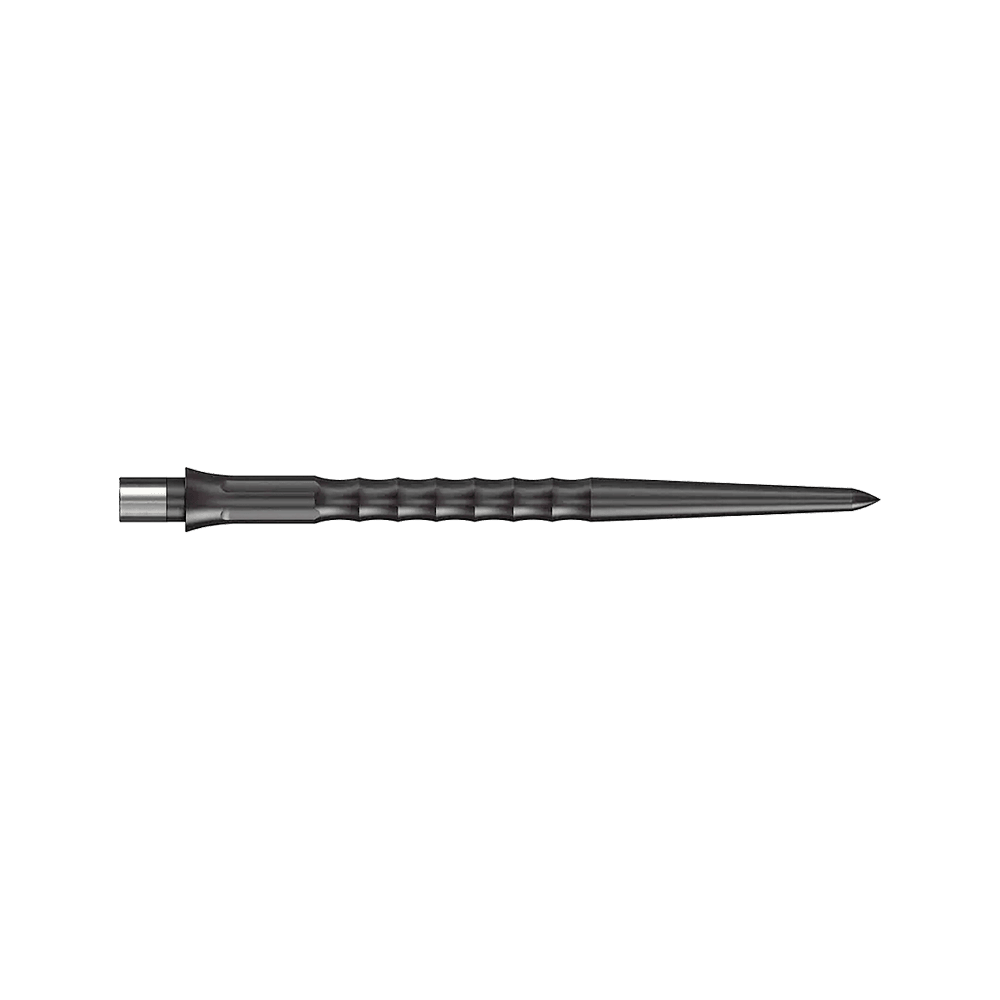 Caliburn System Steeldart Tips - Ripple - NoLip - Zwart Das Bild zeigt eine schwarze Steeldartspitze mit Ripple NoLip Design, 36 mm lang. Die Spitze gehört zum Caliburn Evo System.