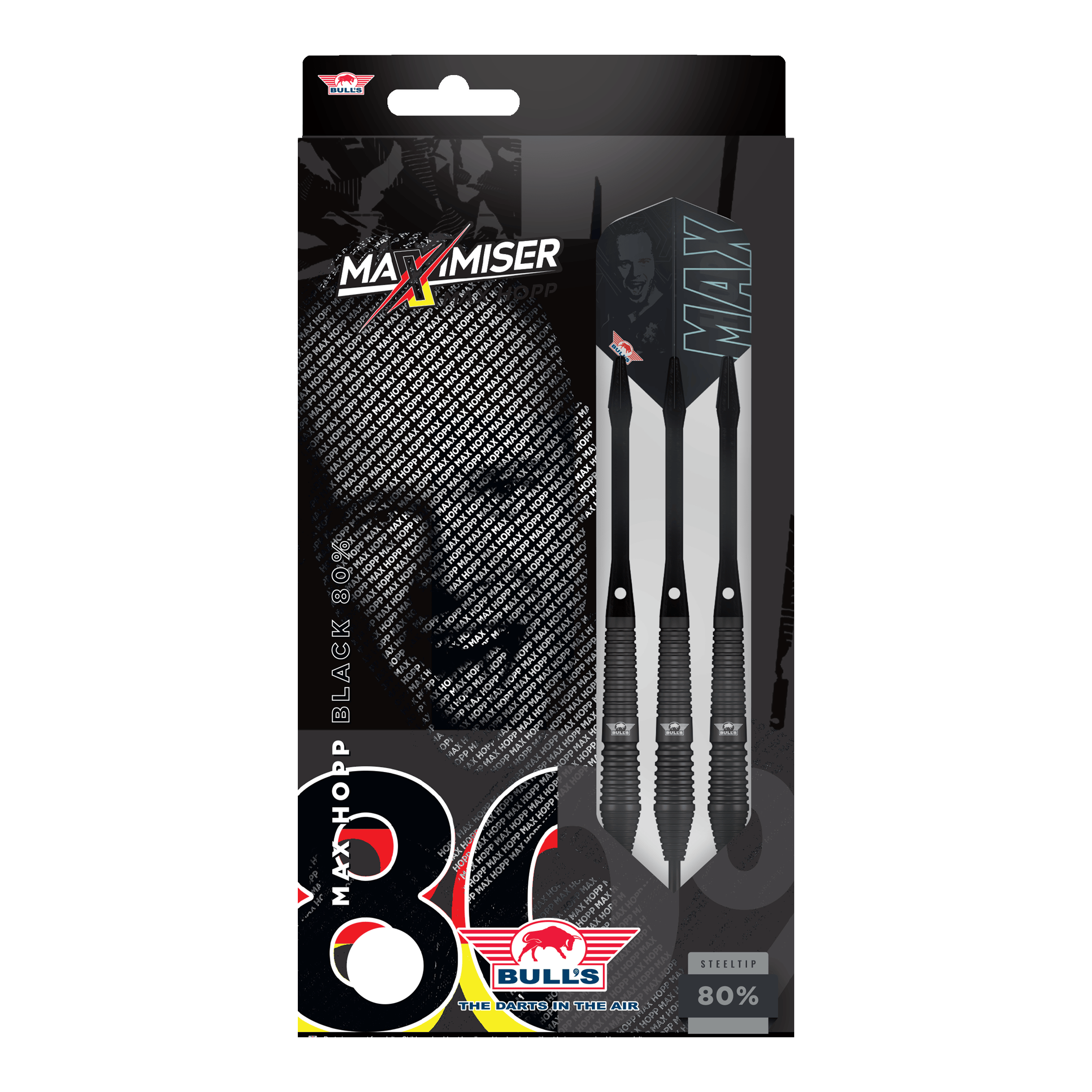 Bulls NL Max Hopp Zwarte Stalen Darts Auf dem Bild sind Bulls NL Max Hopp Black Steeldarts zu erkennen. Die Darts werden einzeln und detailliert gezeigt.