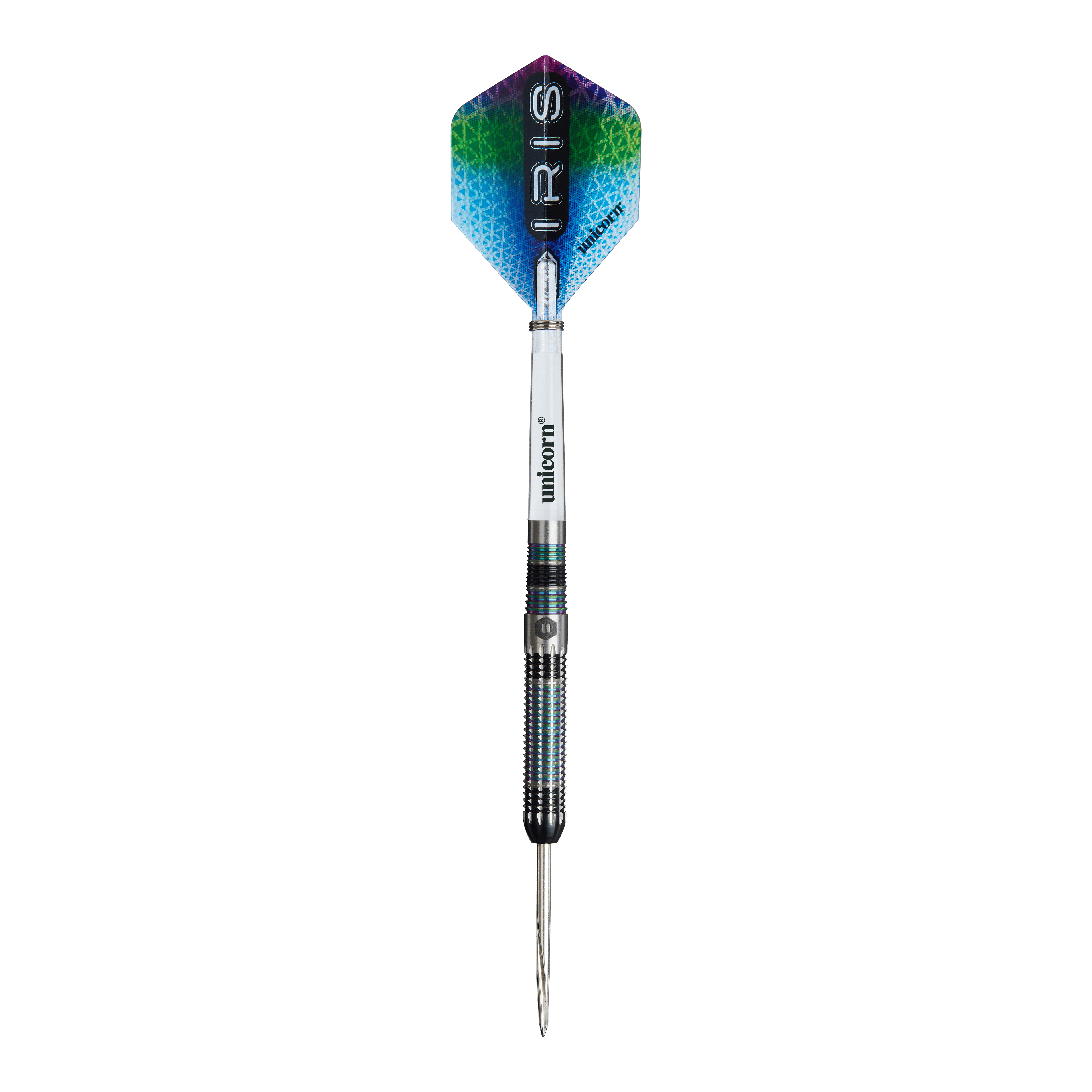 Unicorn Iris Steeldarts Das Bild zeigt einen Steeldart namens "Unicorn Iris". Der Dart hat einen bunten Flight mit dem Schriftzug "IRIS" und einen metallischen Schaft.