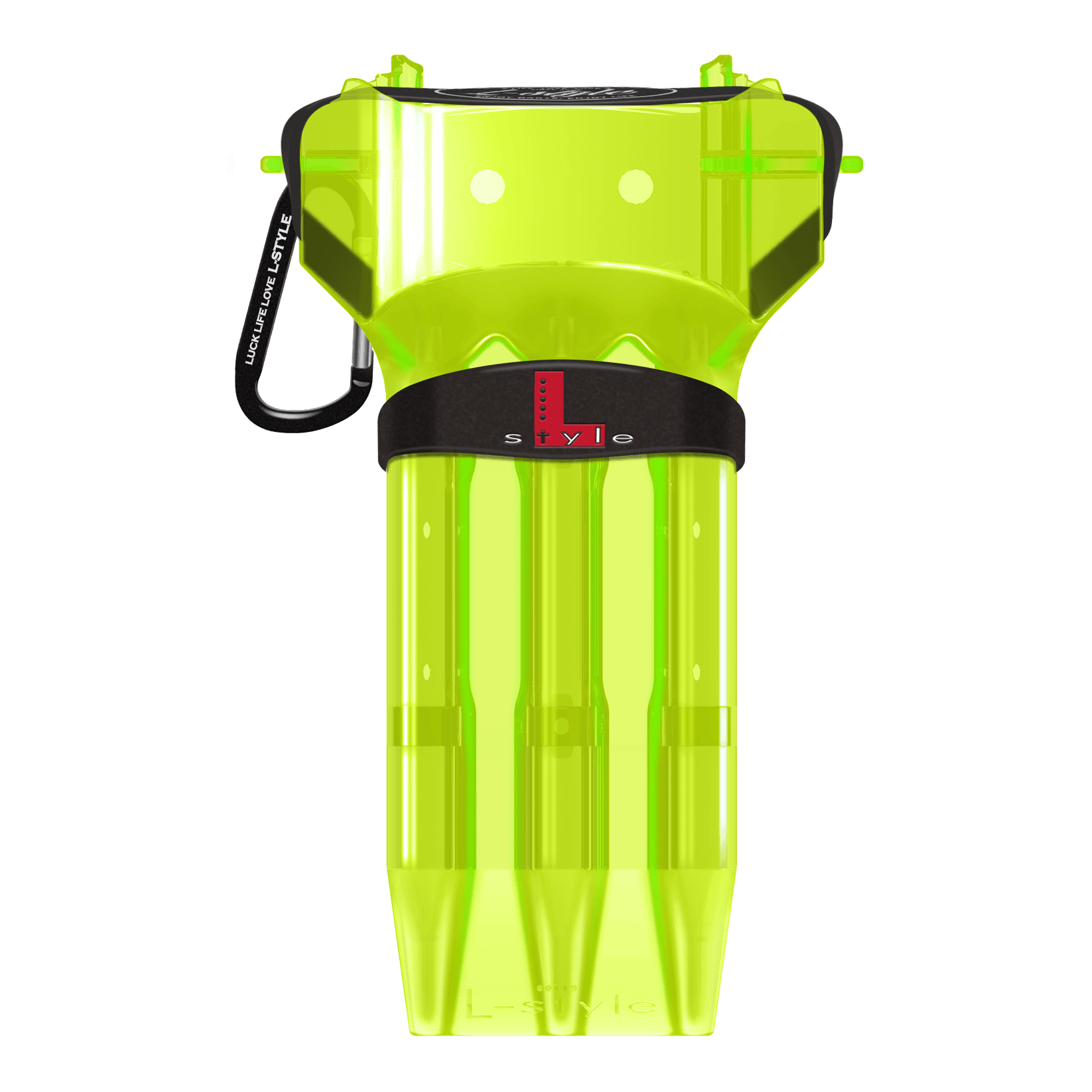 L-Style Krystal One effen kleur darthoesje Das Bild zeigt ein neon-gelbes Dartcase von L-Style. Das Case hat einen schwarzen Verschluss und ist durchsichtig gestaltet.