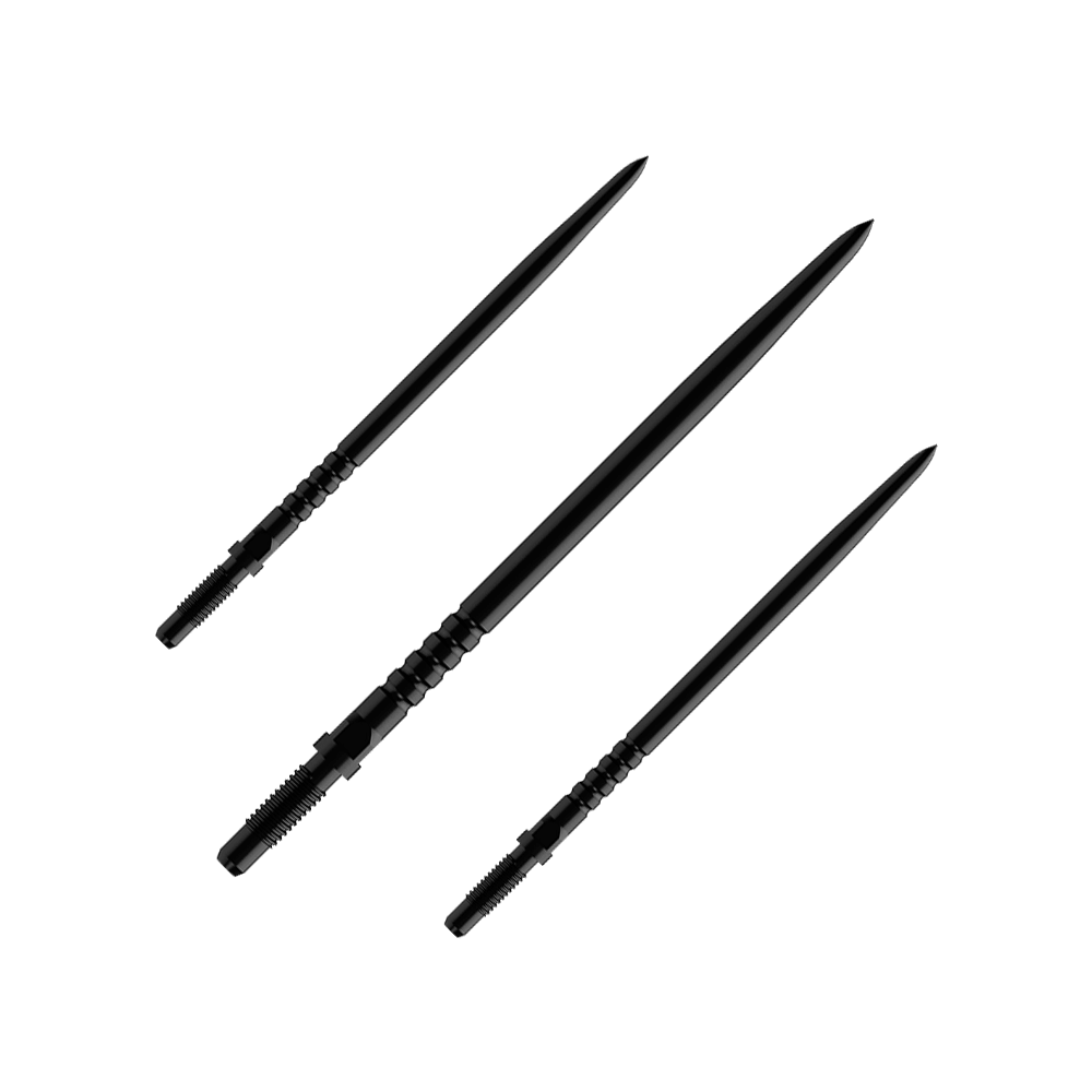 Bulls NL Convertible Point Dart Tips - Ringvormige Grip - Zwart Auf dem Bild sind mehrere Dartspitzen zu sehen. Es handelt sich um ein Set BullsNL Convertible Points mit Ringed Grip in Schwarz und 40mm Länge.