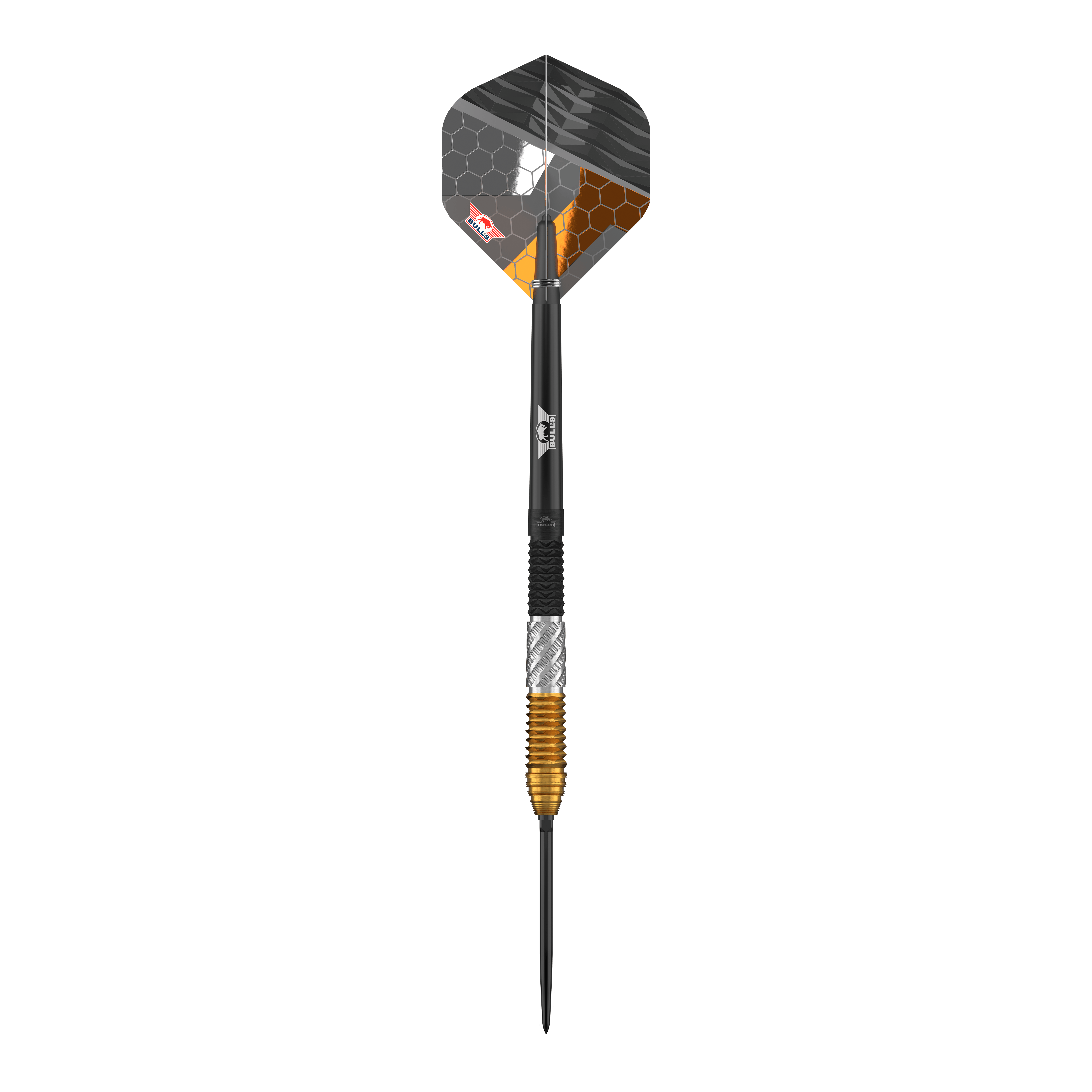 Abgebildet sind Bulls NL Dirk Van Duijvenbode 95% Convertible Points Steeldarts. Die Steeldarts sind robust und für Profis konzipiert.