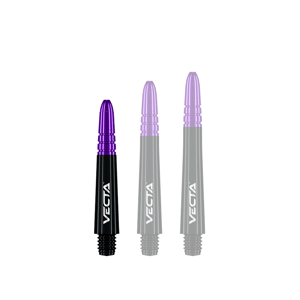 Das Bild zeigt drei Dartschäfte in Schwarz und Lila mit der Aufschrift "Vecta". Sie stehen nebeneinander und haben unterschiedliche Längen.