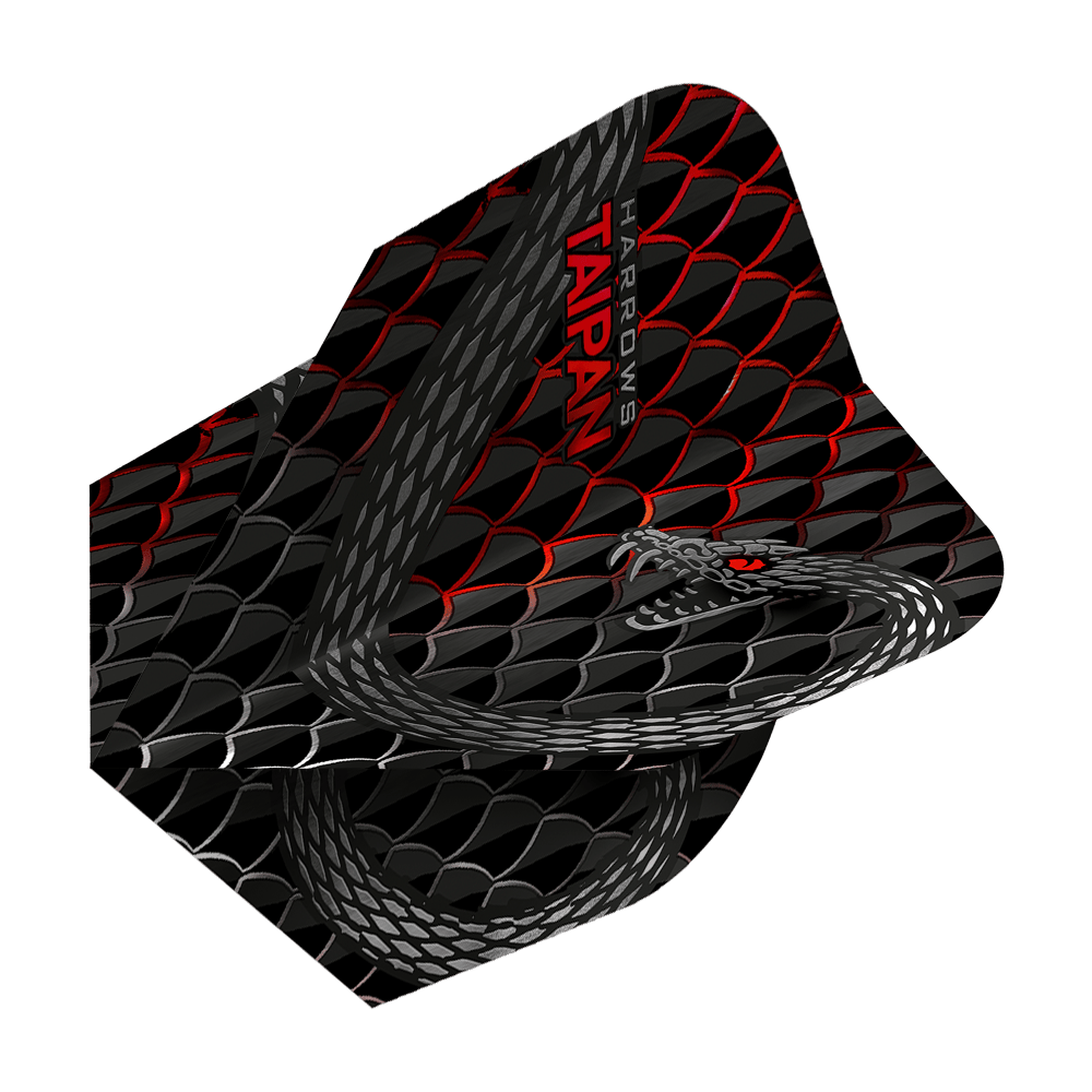 HR27_Harrows_Taipan_Rot_Standard_Flights_2 Das Bild zeigt die Harrows Taipan Standard Flights mit einem schwarzen, roten und silbernen Schuppendesign. Ein Schlangenmotiv und der Schriftzug „HARROWS TAIPAN“ sind ebenfalls zu sehen.