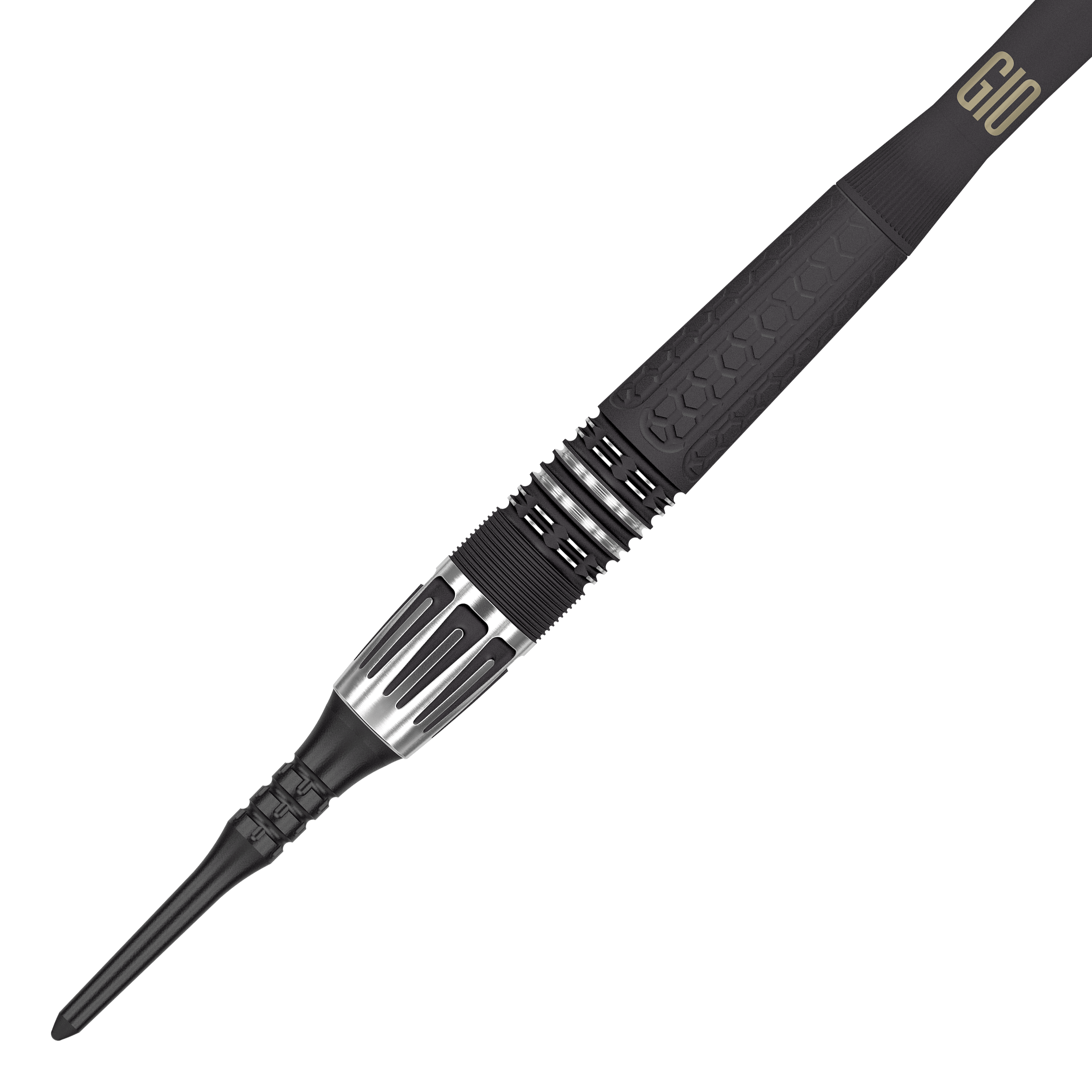Target Phil Taylor Power 9Five GEN10 zachte darts Das Bild zeigt einen modernen Softdartpfeil mit schwarzem und silbernem Design. Auf dem Griffstück steht die Aufschrift "G10".
