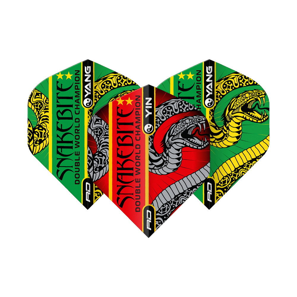 Red Dragon Peter Wright Slangenbeet Rood Groen Yin Yang Standaardvluchten Das Bild zeigt drei Dartflights mit bunten Farben und auffälligem Schlangen-Design. Auf den Flights steht "Snakebite Double World Champion" und sie sind in Rot, Grün, Gelb und Schwarz gestaltet.