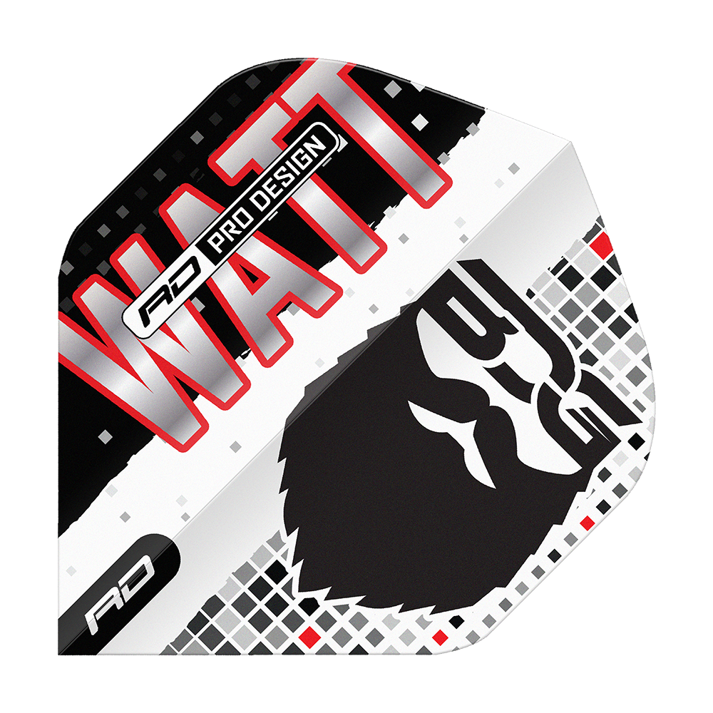 Red Dragon Hardcore Jason Watt BDG Premium No2 Standaardvluchten Das Bild zeigt das Produkt "Red Dragon Hardcore Jason Watt BDG Premium No2 Standard Flights". Auf dem Flight sind der Name "WATT", ein stilisiertes Gesicht und das Logo "RD" zu sehen.