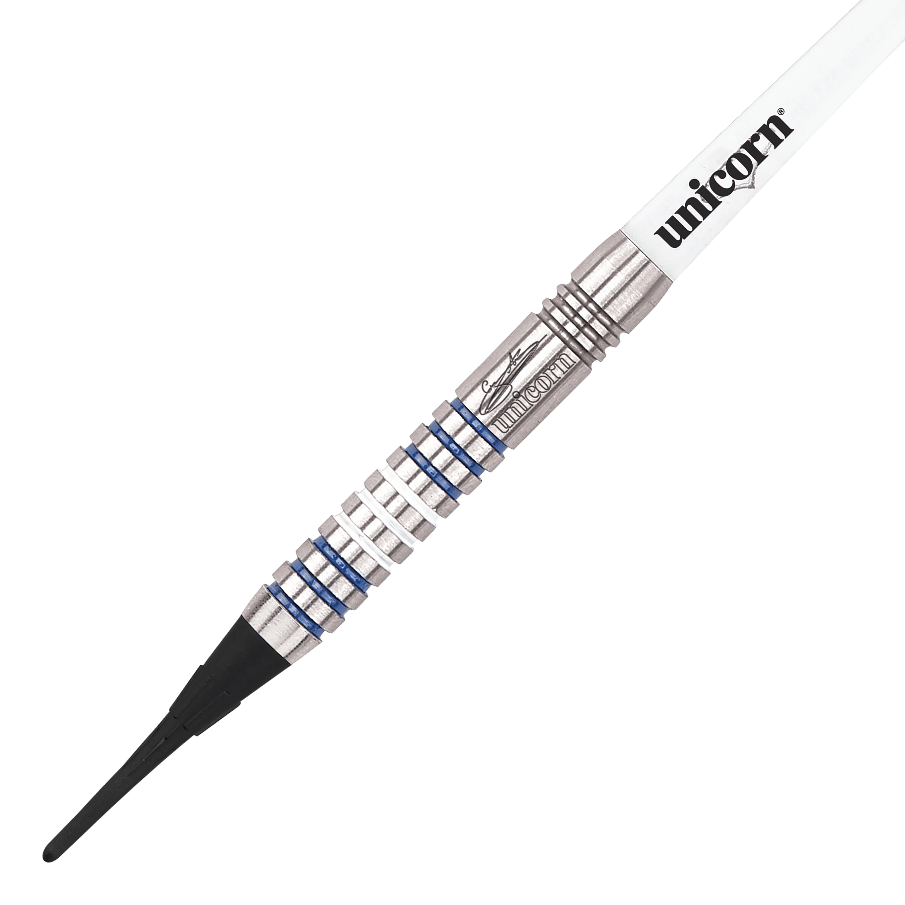 Unicorn Silver Star Var.3 Gary Anderson softdarts Das Bild zeigt die Unicorn Silver Star Version 3 Gary Anderson Softdarts. Drei silberne Dartpfeile liegen nebeneinander auf weißem Hintergrund.