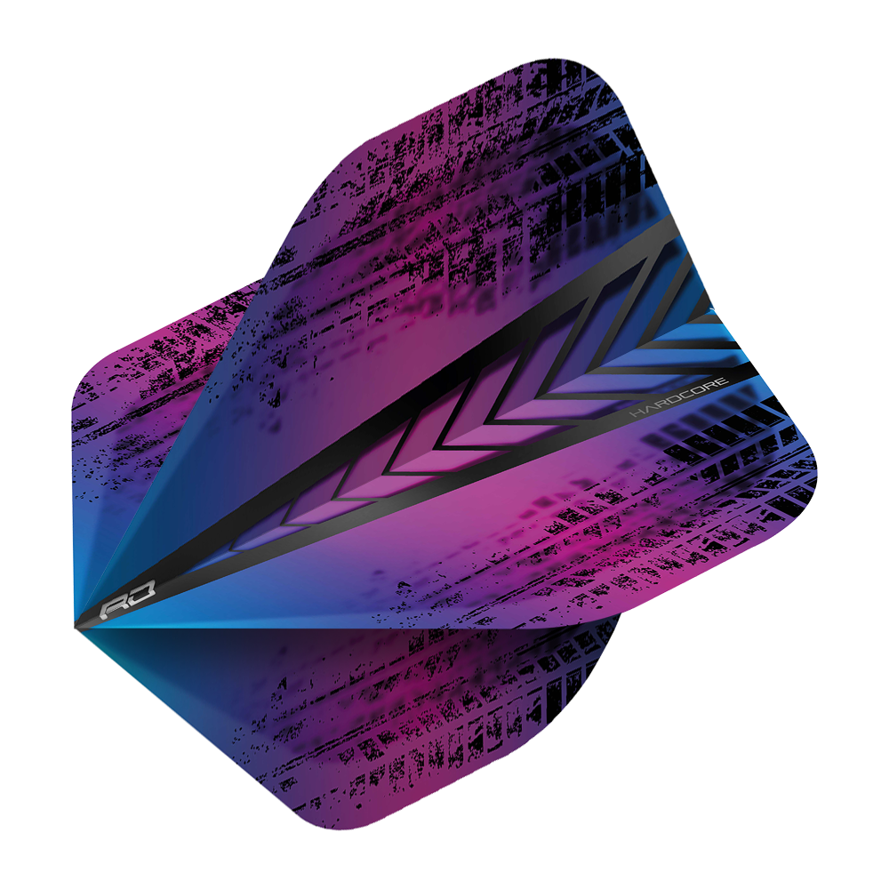 TF6334_Red_Dragon_Hardcore_Standard_Flights_6334_2 Das Bild zeigt das Produkt "Red Dragon Hardcore Standard Flights 6334". Das Flight hat ein modernes Design in Lila-, Blau- und Schwarztönen mit grafischen Mustern.