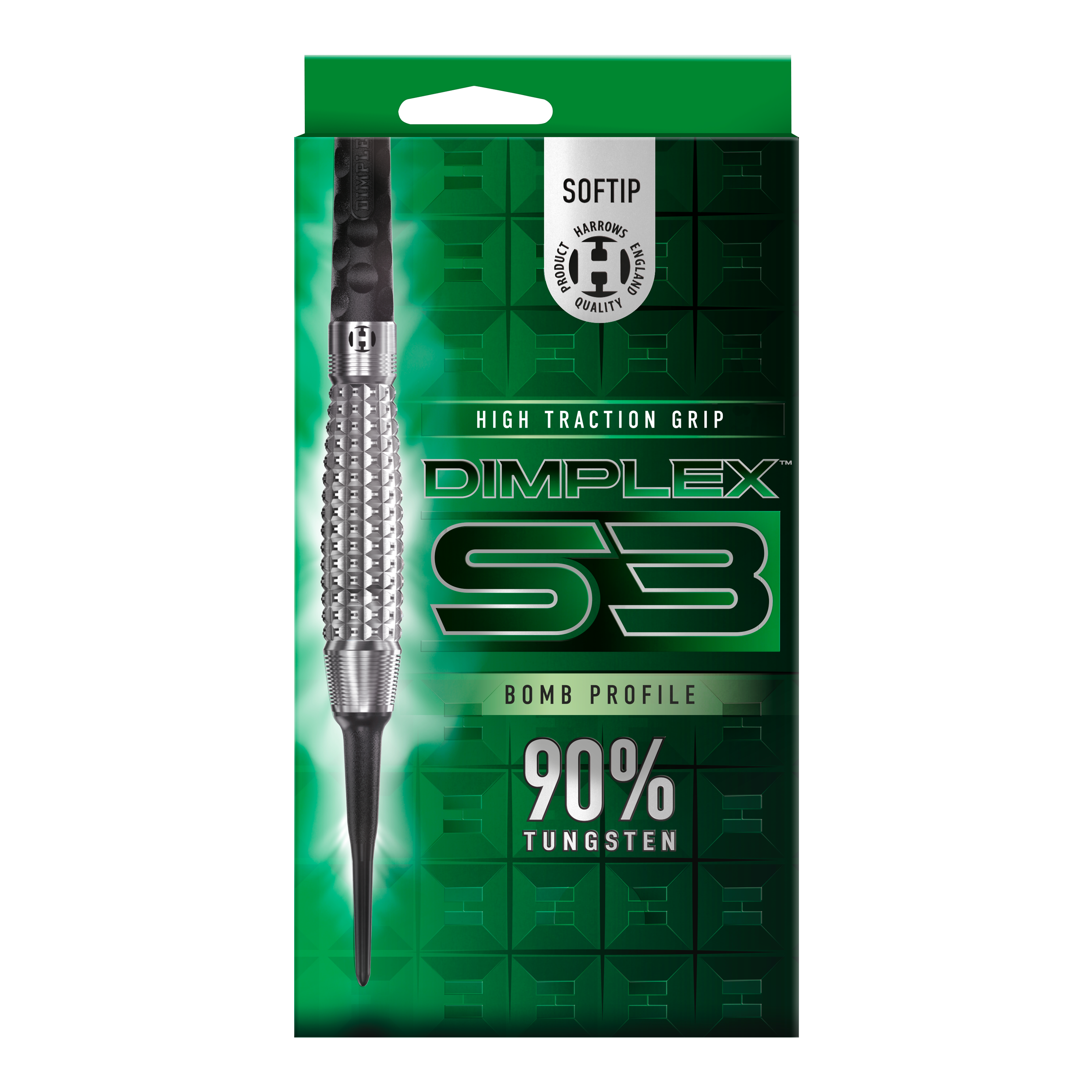 Harrows Dimplex S3 Bomb zachte darts Das Bild zeigt eine Verpackung der "Harrows Dimplex S3 Bomb Softdarts". Auf der Verpackung steht, dass die Darts eine hohe Grifftraktion haben und aus 90% Wolfram bestehen.