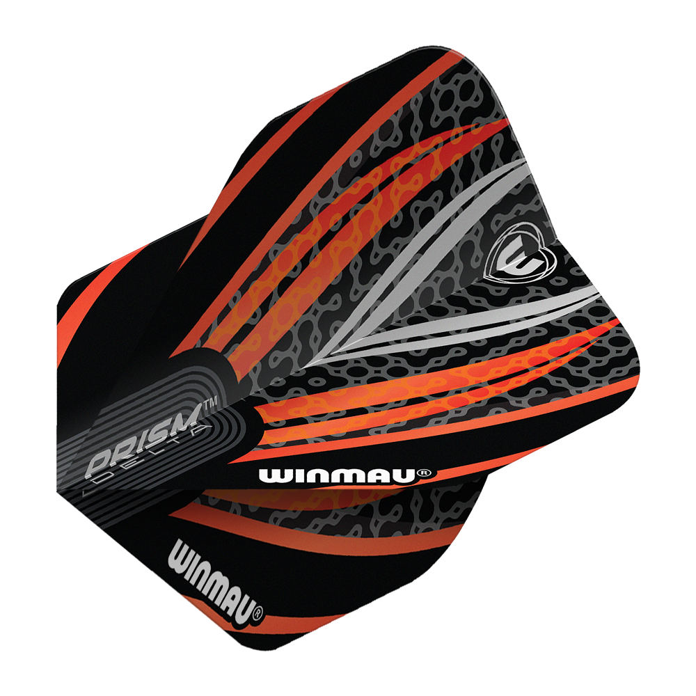 Winmau Prism Delta Zwart Wit Oranje Nr. 2 Standaardvluchten Das Bild zeigt ein Winmau Prism Delta Flight in den Farben Schwarz, Weiß und Orange. Das Flight hat ein modernes, auffälliges Muster mit dem Winmau-Logo und Schriftzug.