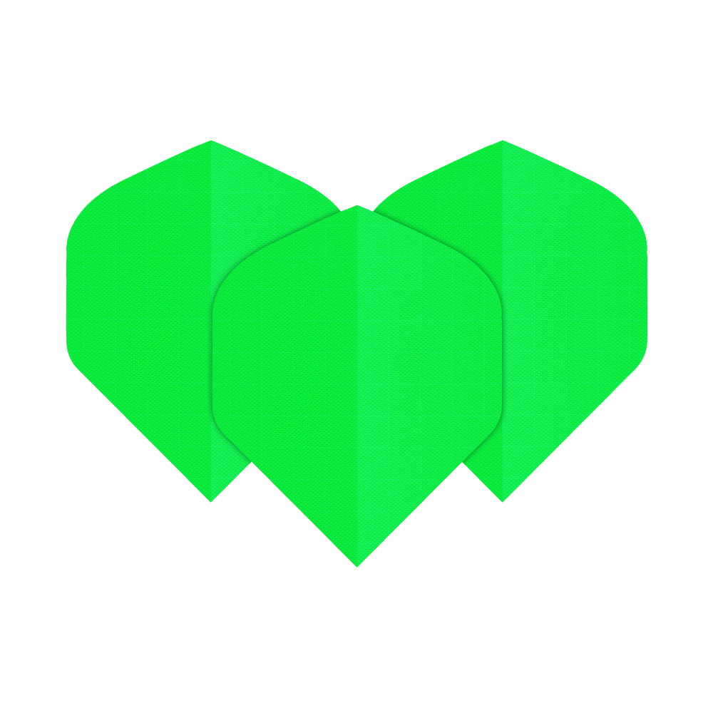 Nylon stoffen flights N5 - Standaard - Neon groen Das Bild zeigt drei neongrüne Nylon-Stoff Flights in der Form N5. Sie sind nebeneinander angeordnet und leuchten auffällig.