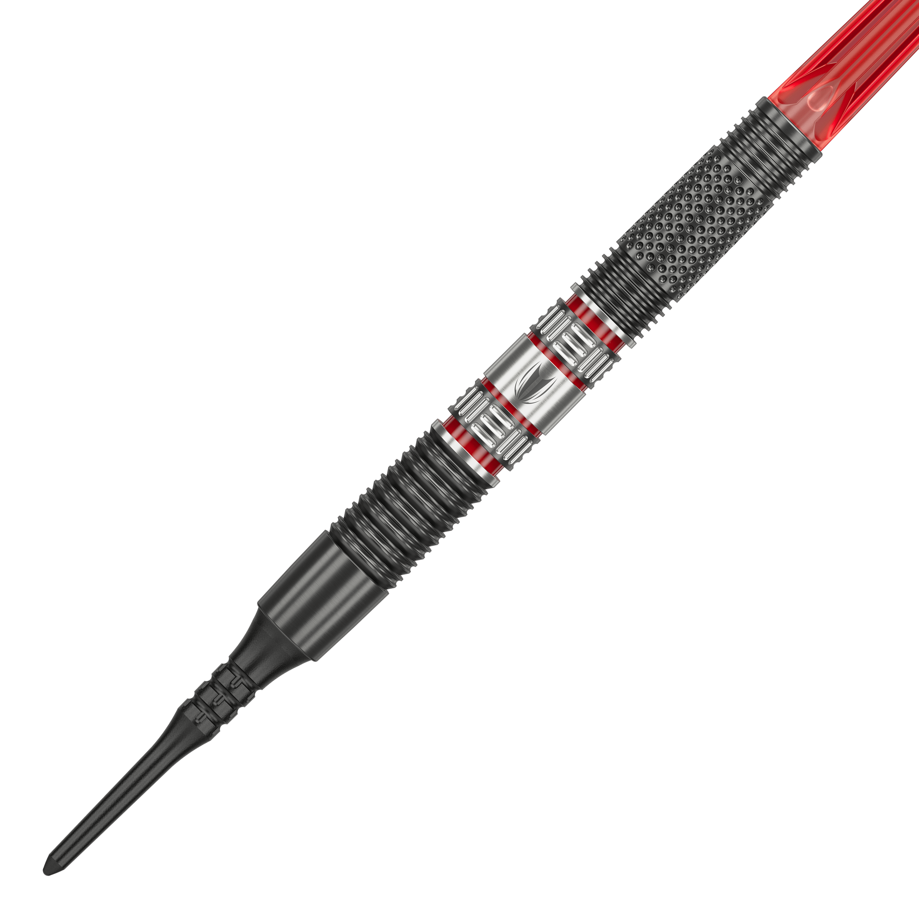 Target Gabriel Clemens 95K zachte darts - 19g Das Bild zeigt einen Target Gabriel Clemens 95K Softdart mit einem Gewicht von 19 Gramm. Der Dart hat ein auffälliges Design mit silbernen, schwarzen und roten Elementen.