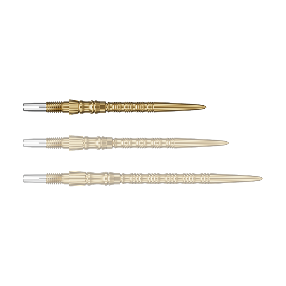 Target Signature Swiss Point TRB stalen dartpunten - goud Ein einzelner Target SwissPoint Signature TRB Dartspitze in Gold mit 30mm Länge wird gezeigt. Die Spitze ist detailliert abgebildet.