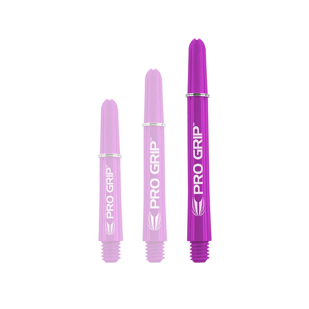 Target Pro Grip Shafts - 3 sets - Paars Das Bild zeigt drei lilafarbene PRO GRIP Dartschäfte in unterschiedlichen Längen. Sie sind nebeneinander angeordnet und haben jeweils weiße Schrift und Markierungen.