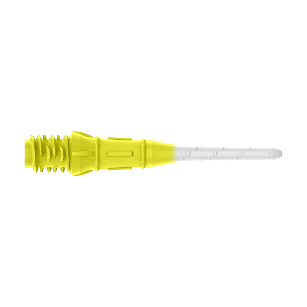 L-Style Premium Two Tone Lippoints (verpakking van 30) Das Bild zeigt eine zweifarbige Dartspitze mit gelbem und weißem Bereich. Der hintere Teil ist gelb, während die Spitze weiß ist.