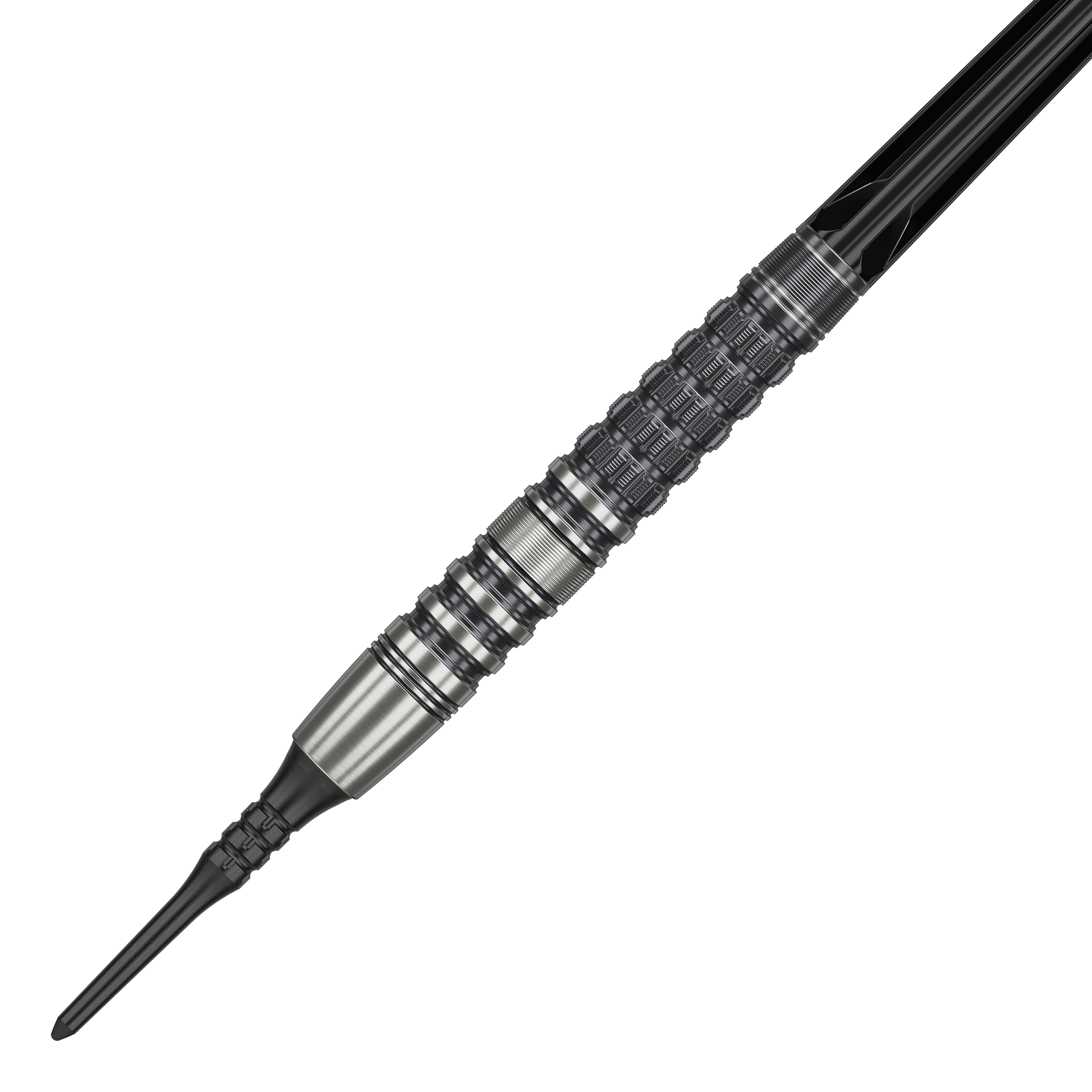 Target Japan Black Marque Lumiere GEN3 Soft Darts - 18,5 g Das Bild zeigt einen Target Japan Black Marque Lumiere GEN3 Softdart mit einem Gewicht von 18,5g. Der Dart ist aus Metall gefertigt und besitzt ein detailliertes, strukturiertes Griffdesign.