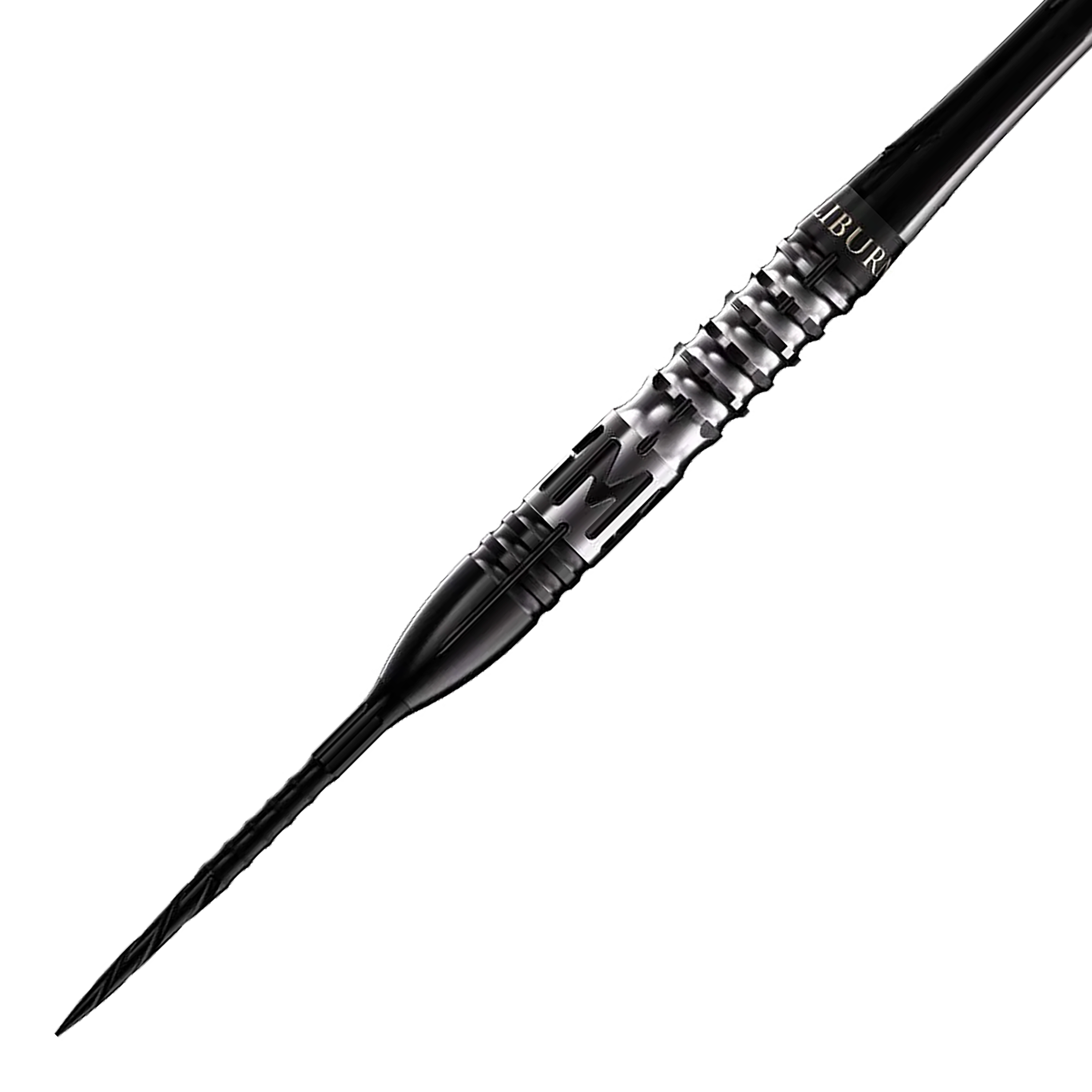 Caliburn Player MAK Steeldarts - 23,5g Das Bild zeigt einen Caliburn Player MAK Steeldart mit einem Gewicht von 23,5g. Der Dart ist schwarz-silber und hat ein modernes, geriffeltes Griffdesign.