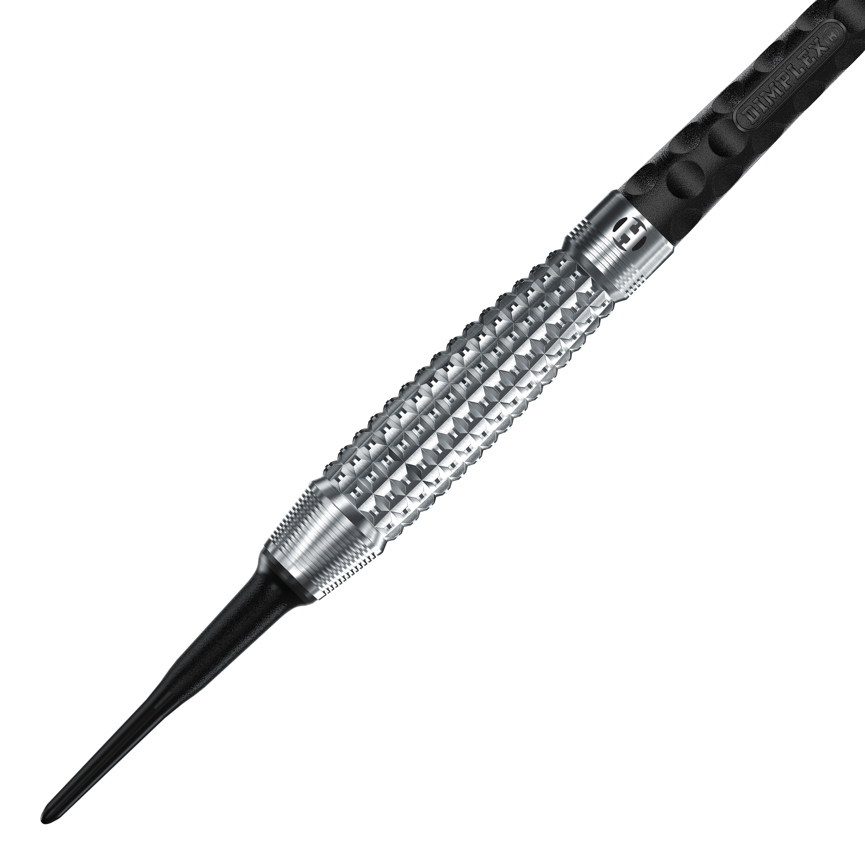 Harrows Dimplex S3 Bomb zachte darts Das Bild zeigt einen Harrows Dimplex S3 Bomb Softdart. Der Dartpfeil hat eine silberne, strukturierte Griffzone und eine schwarze Kunststoffspitze.