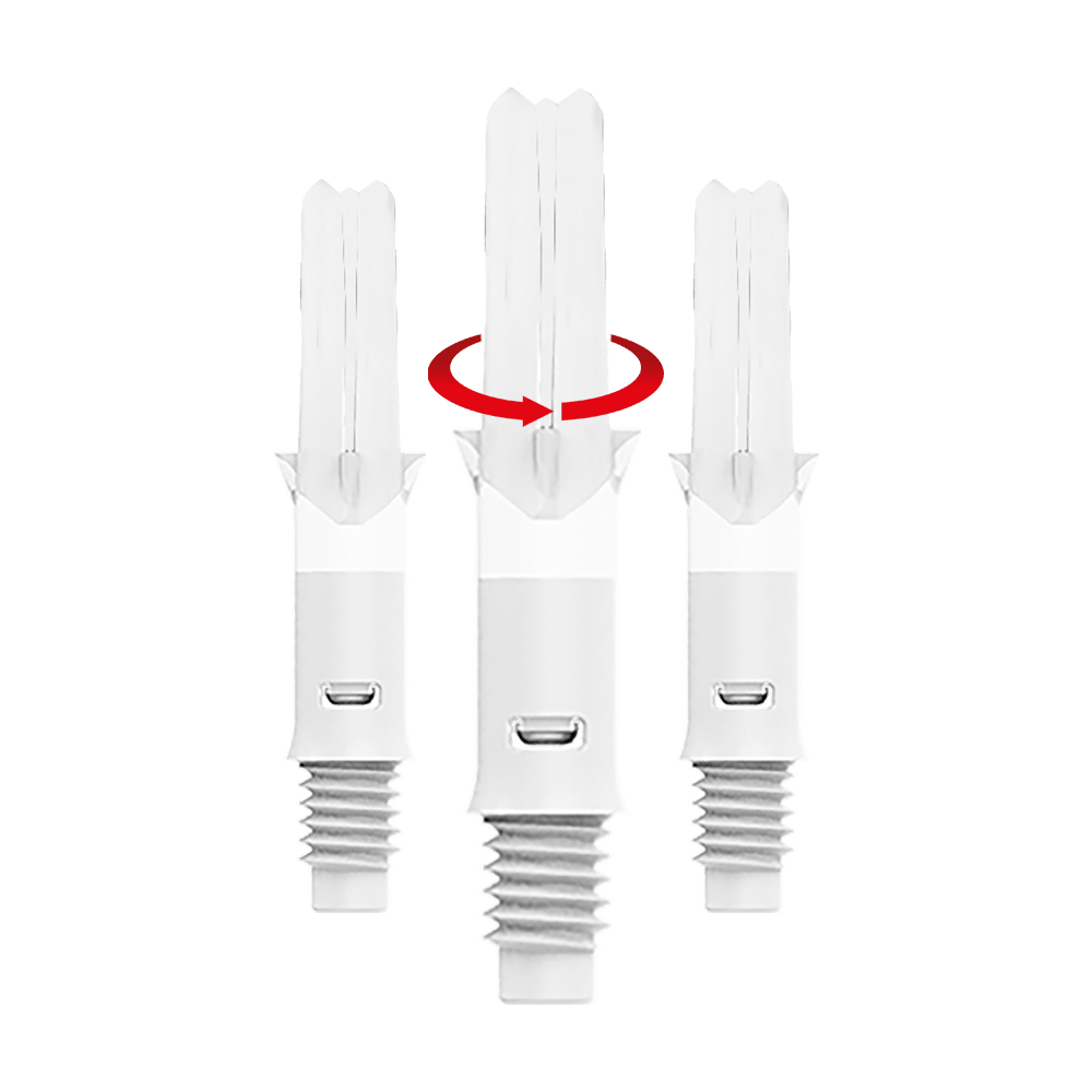 L-L-Style-Shafts Silent Straight - Wit Das Bild zeigt drei weiße Dartschäfte, die senkrecht nebeneinander stehen. Über dem mittleren Schaft ist ein roter Pfeil, der eine Drehbewegung anzeigt.