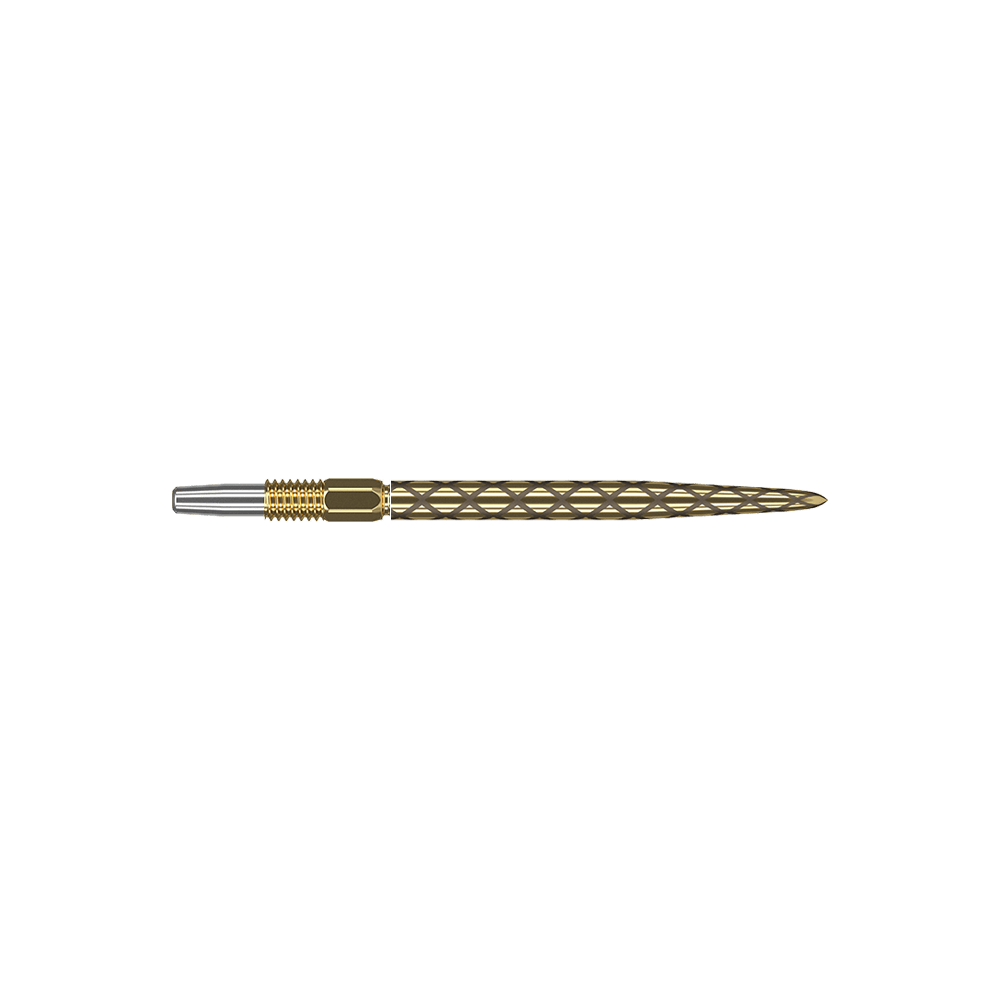 Target Swiss Diamond Pro Gold dartpunten Das Bild zeigt eine goldene Dartspitze mit einem filigranen, rautenförmigen Muster. Die Spitze hat einen silbernen Ansatz und ist insgesamt schlank und länglich geformt.