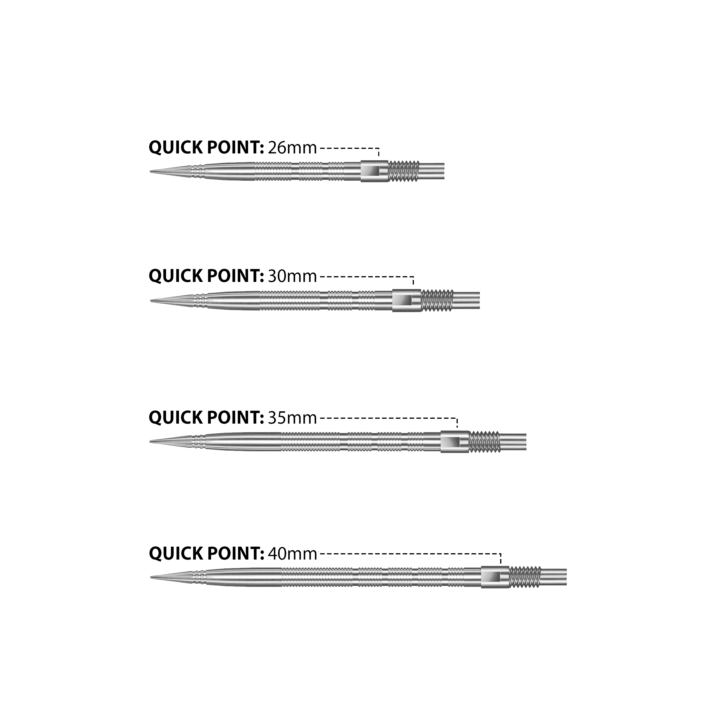 Hier sind Harrows Quick Point Micro Ridge Dartspitzen in Silber zu sehen. Sie haben eine gerillte Oberfläche für besseren Halt.