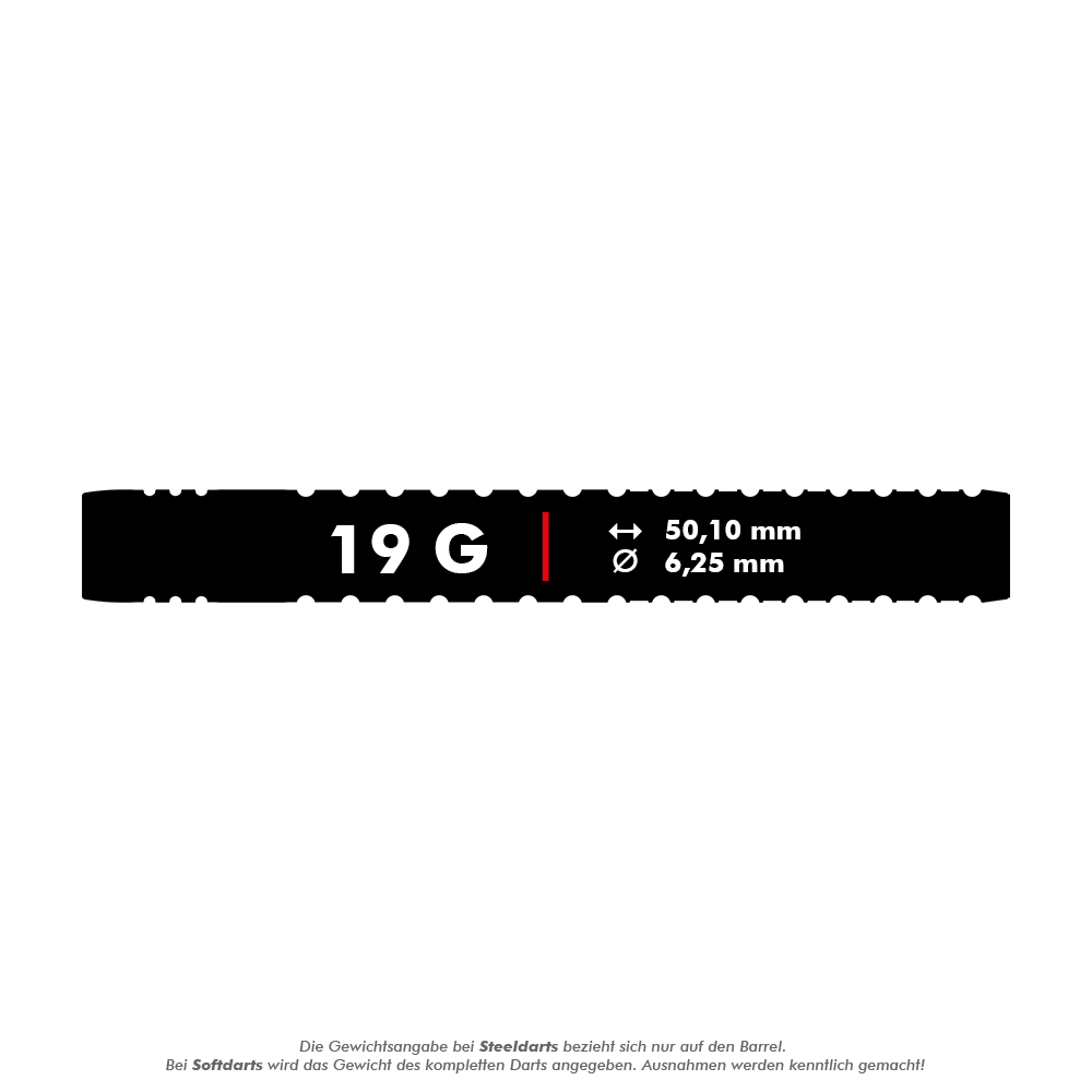 Target Chris Dobey GEN1 Softdarts - 19g Das Bild zeigt die Produktinformationen zu den Target Chris Dobey GEN1 Softdarts mit einem Gewicht von 19 Gramm. Die Darts haben eine Länge von 50,10 mm und einen Durchmesser von 6,25 mm.